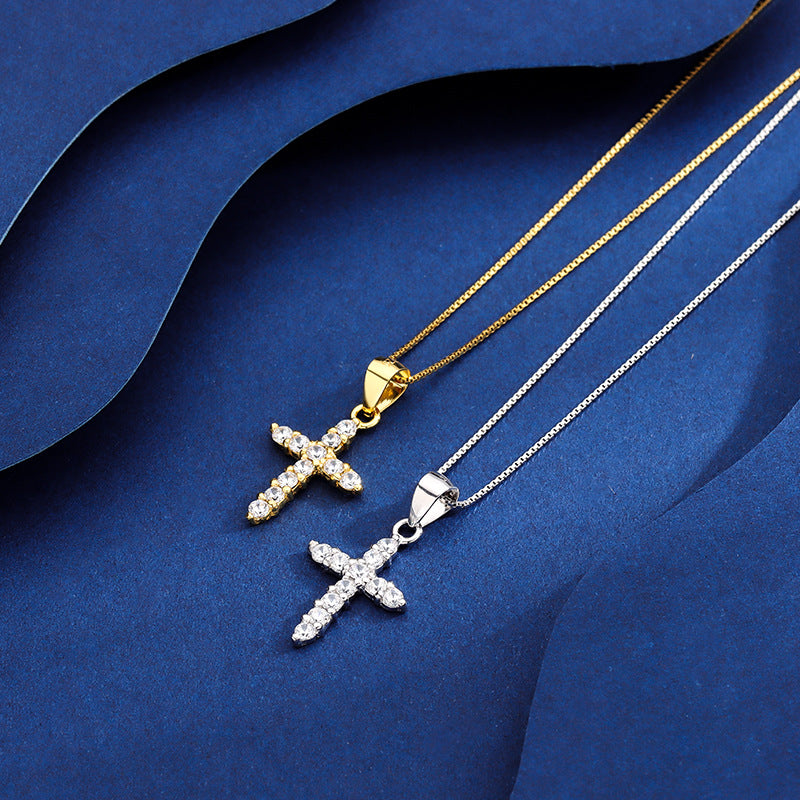 S925 sterling silver diamond inlaid simple cross pendant necklace