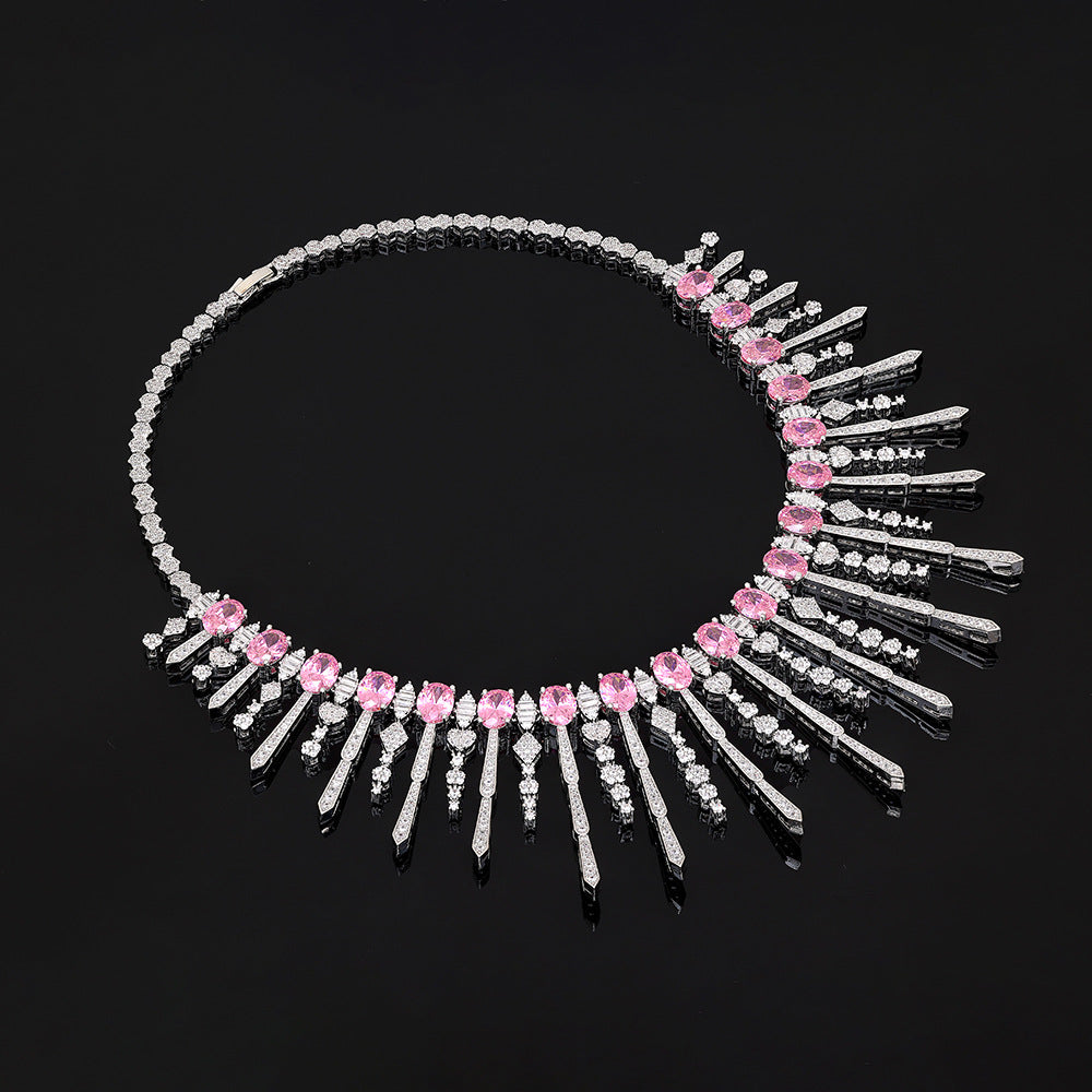 Luxury Pink Crystal Fringe Necklace Set Silver Tone Statement Jewelry Set for Women Wedding Party Jewelry