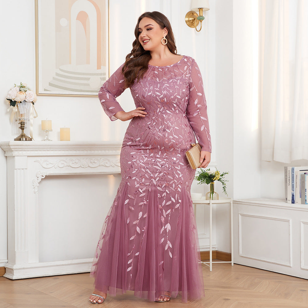 Large Size Crew Neck Embroidered Long Sleeve Fishtail Evening Dress