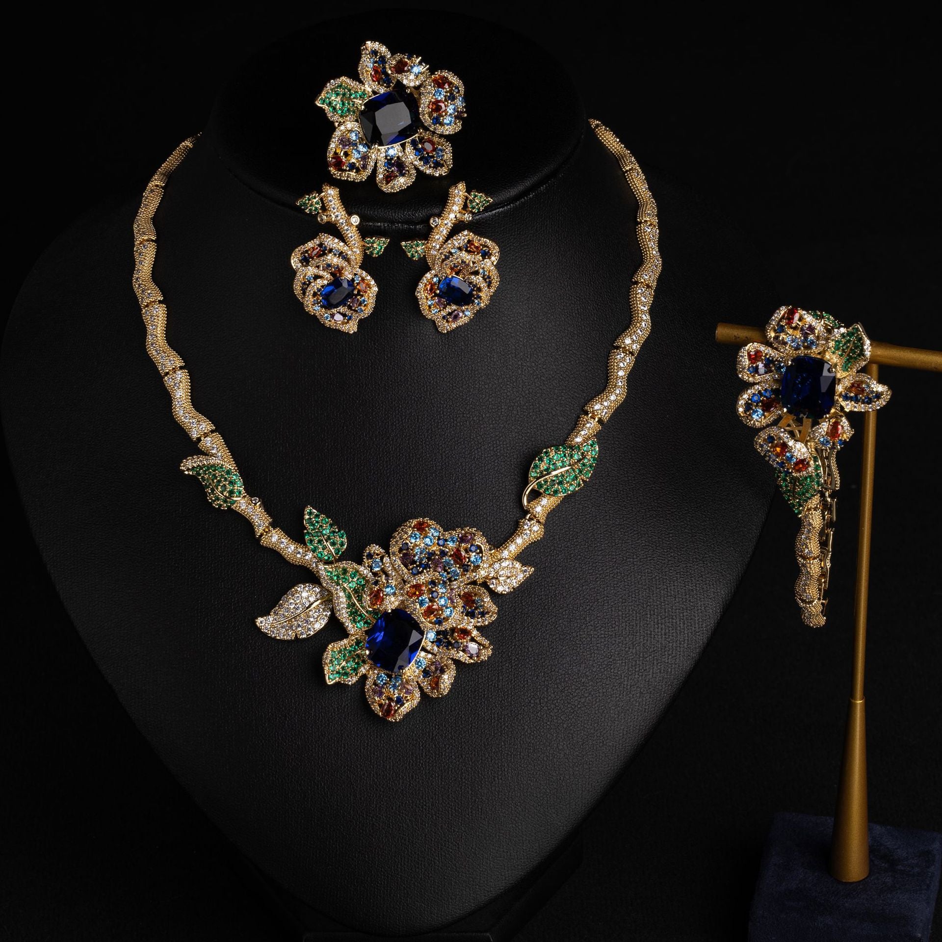 Luxury Red Gemstone Floral Jewelry Set for Women – Necklace Earrings Bracelet and Ring