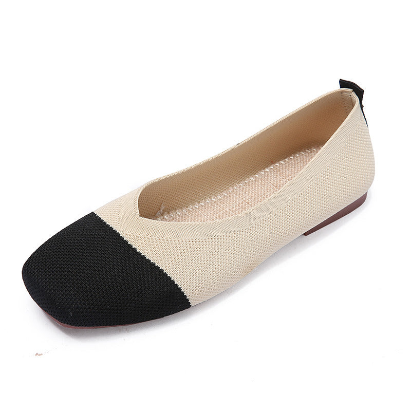 Fashion color matching woven square head flat bottom loafers