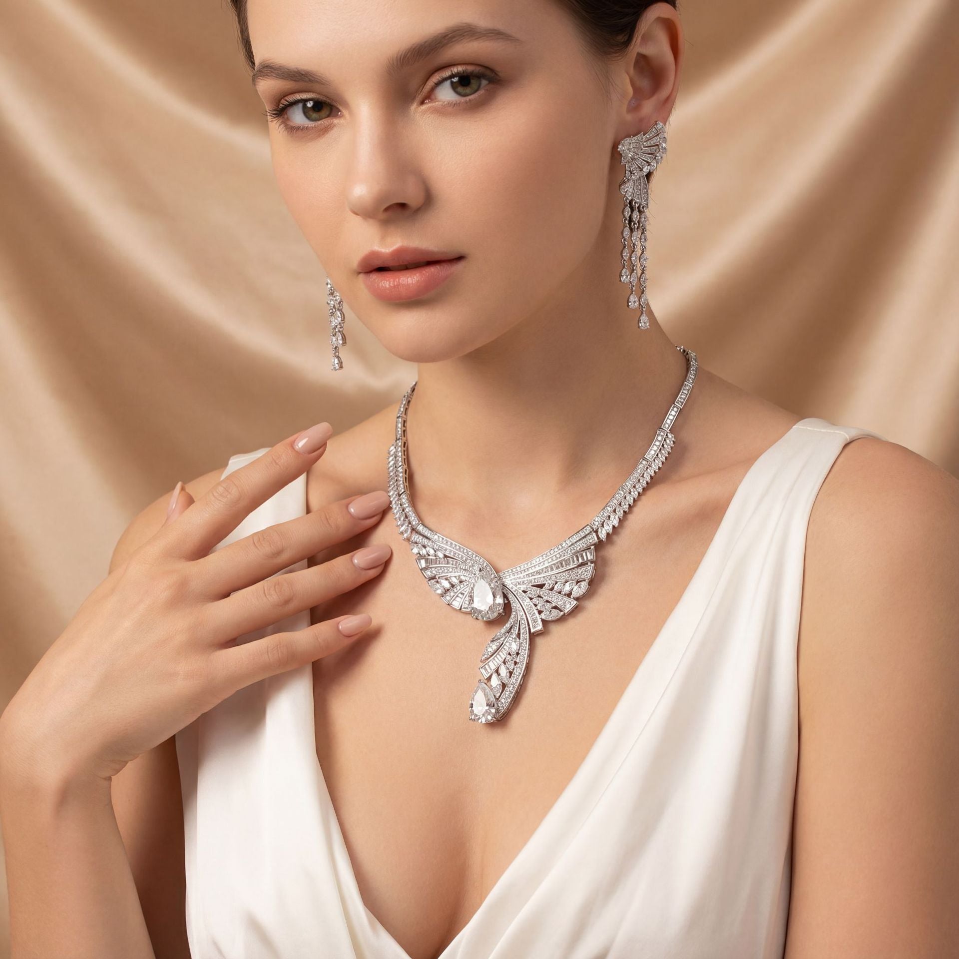 Elegant Green Crystal Wing Necklace and Earrings Set – Luxury Fantasy Jewelry Collection