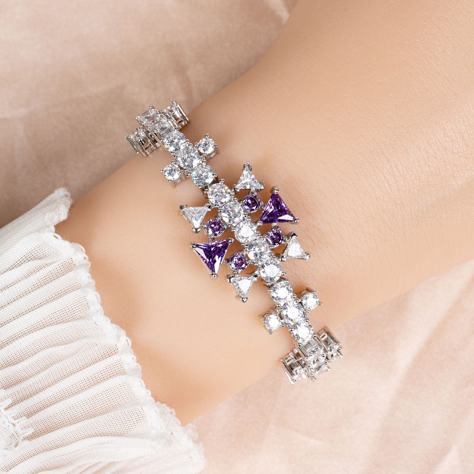 Luxury Pink and White Crystal Bracelet – Geometric Statement Jewelry for Women