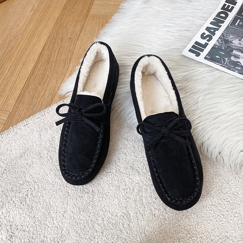 Women's Large Size Bow Fleece Warm Sole Loafers