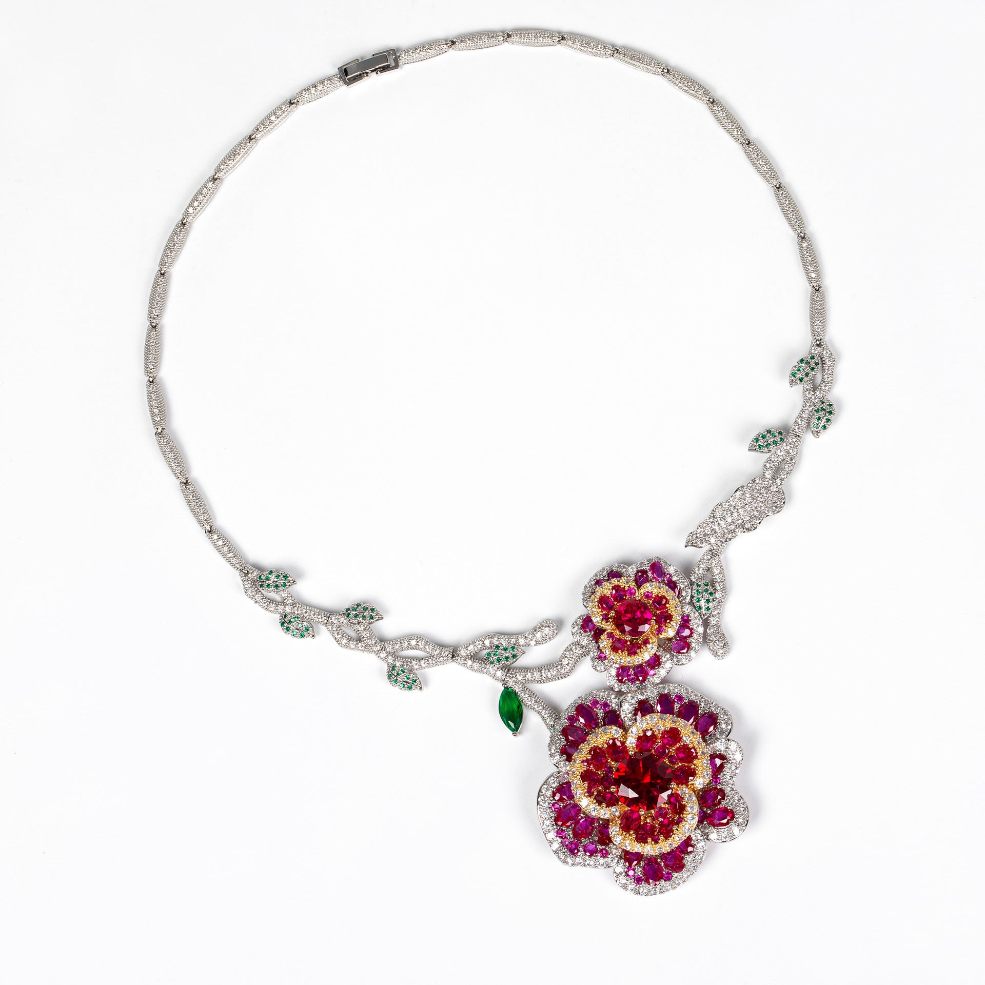 Luxury Emerald Green Crystal Floral Necklace and Earrings Jewelry Set for Women