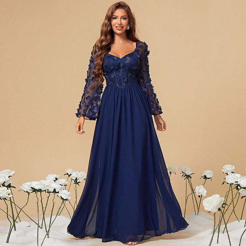 Fashion plus size chiffon embroidered lace sleeve dress