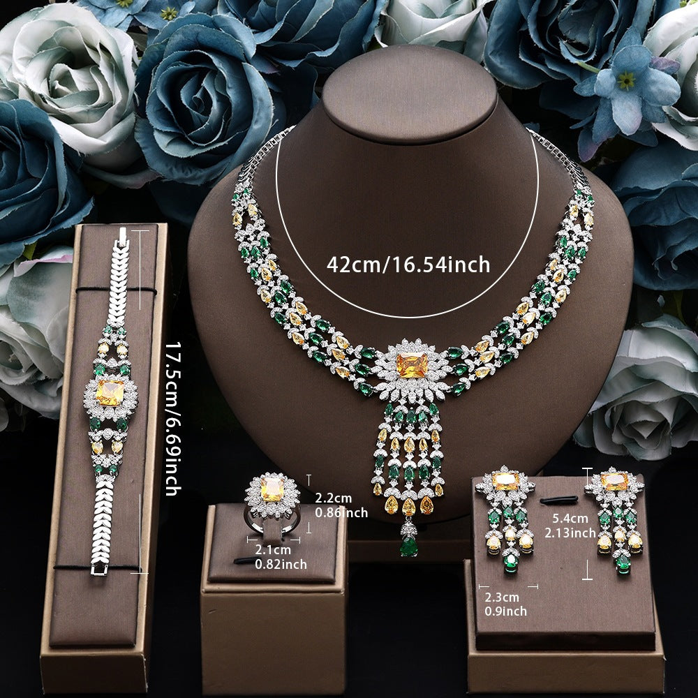 Luxury Green Crystal Necklace Earrings Bracelet Ring Jewelry Set