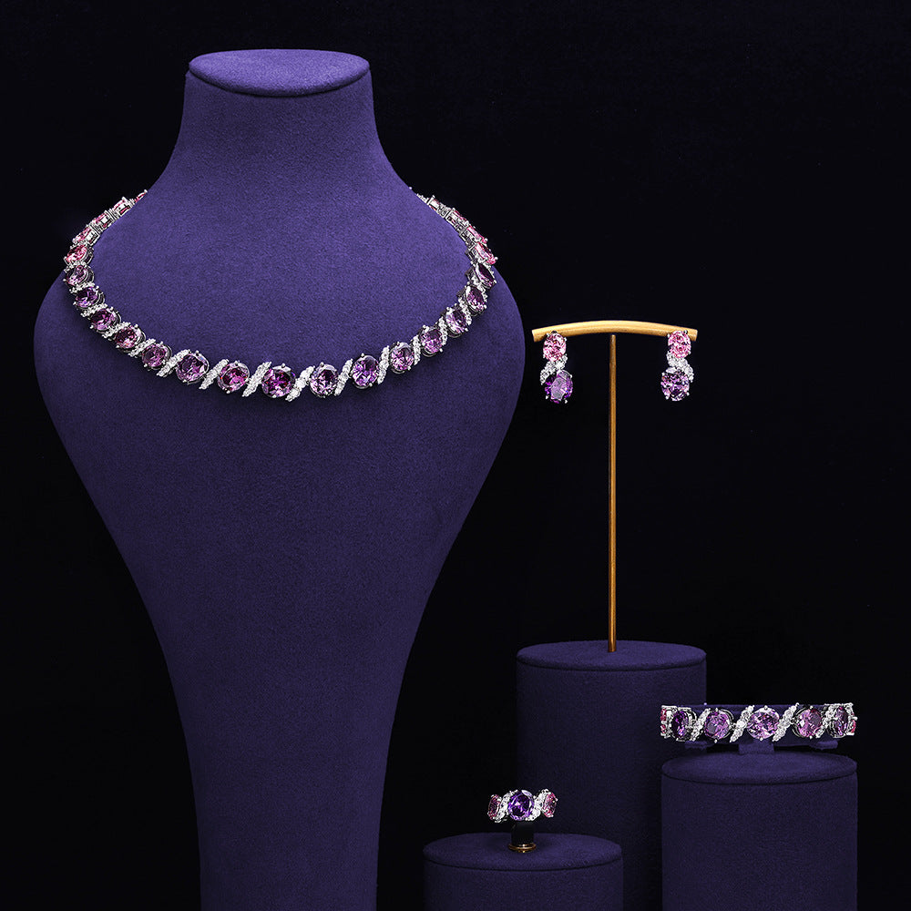 Luxury Purple Crystal Bridal Jewelry Set – Necklace Earrings Ring Statement Set