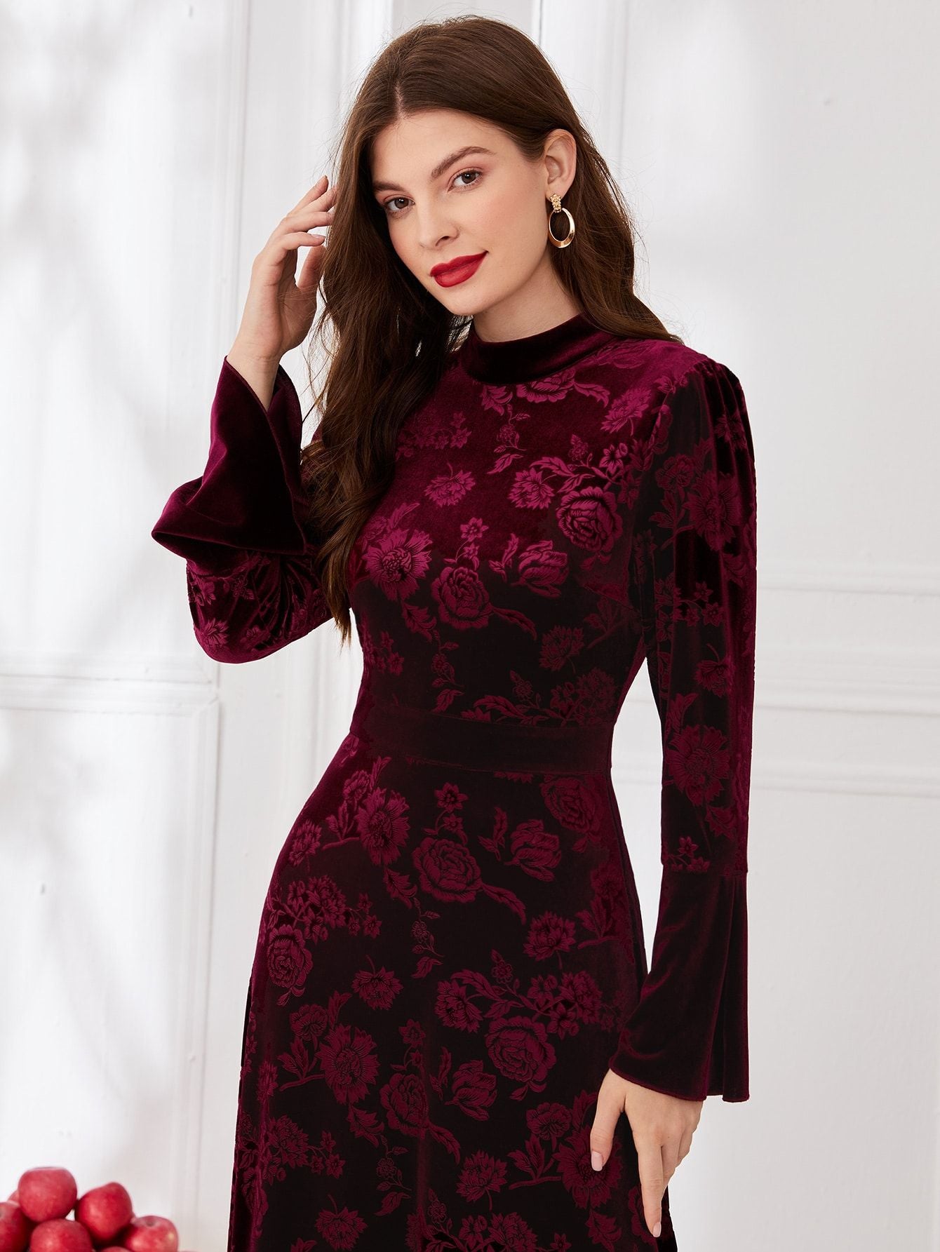 Fashionable velvet printed long sleeved dress