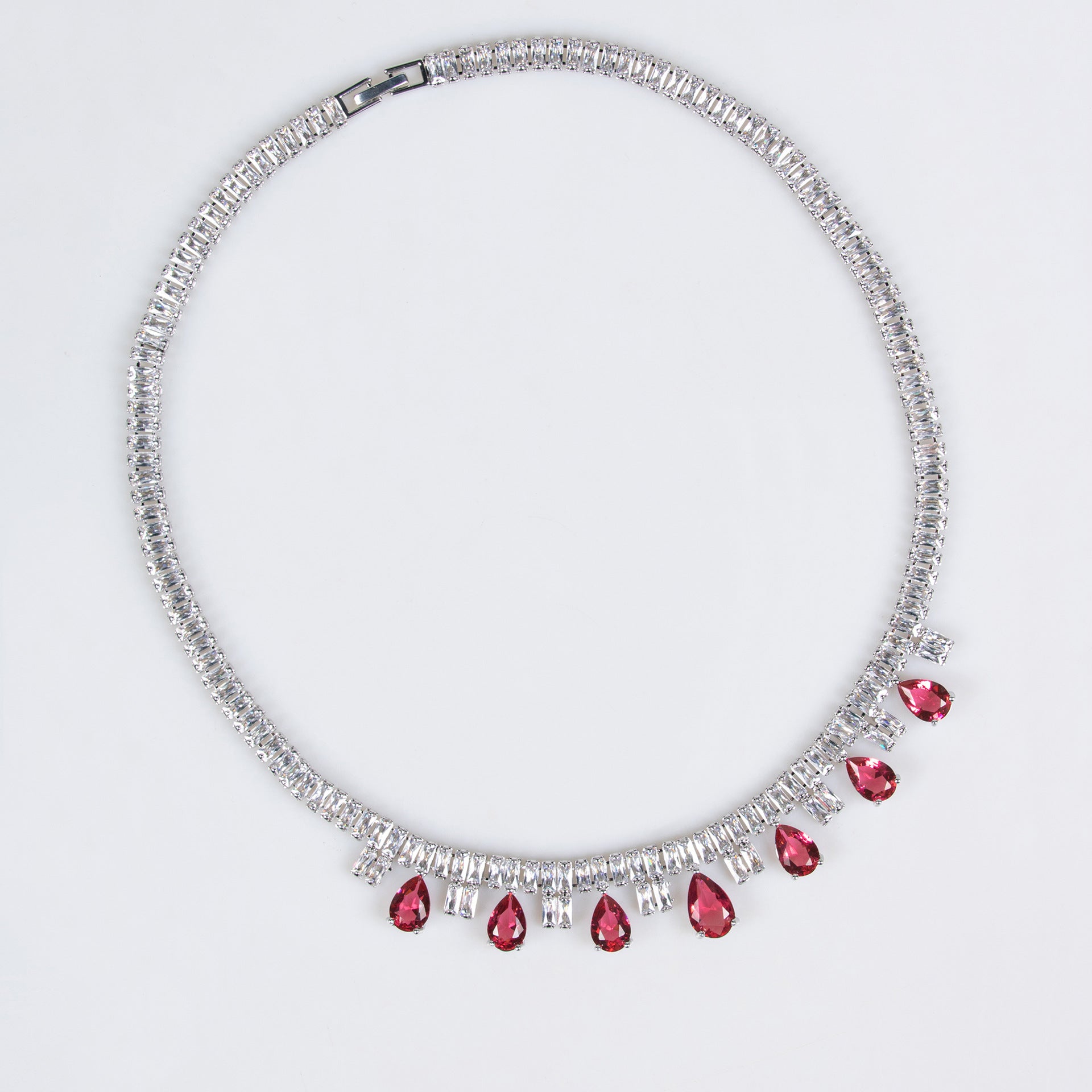 Luxury Ruby Red Teardrop Necklace Set for Women – Baguette Crystal Jewelry with Matching Earrings