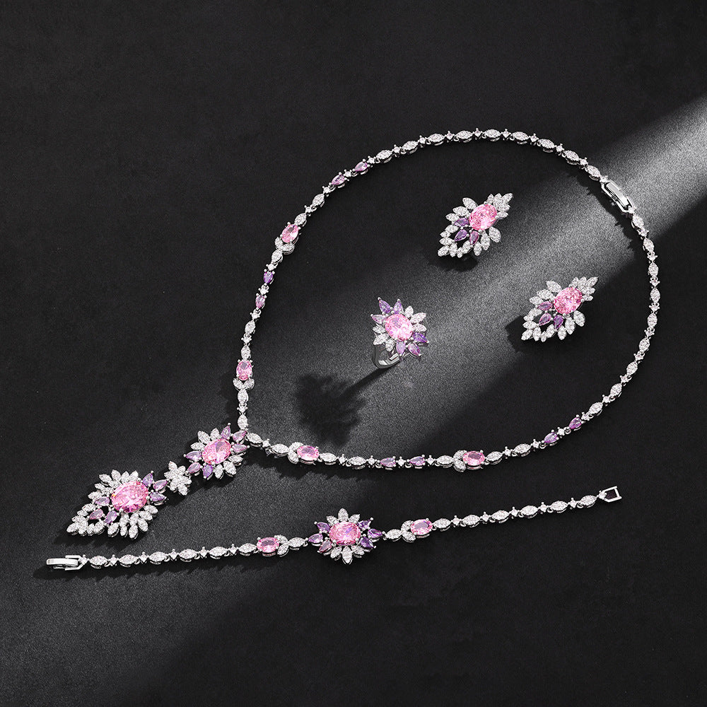 Luxury Floral Crystal Jewelry Set Orange Green Zircon Necklace Earrings Ring Silver Plated Statement Set for Women