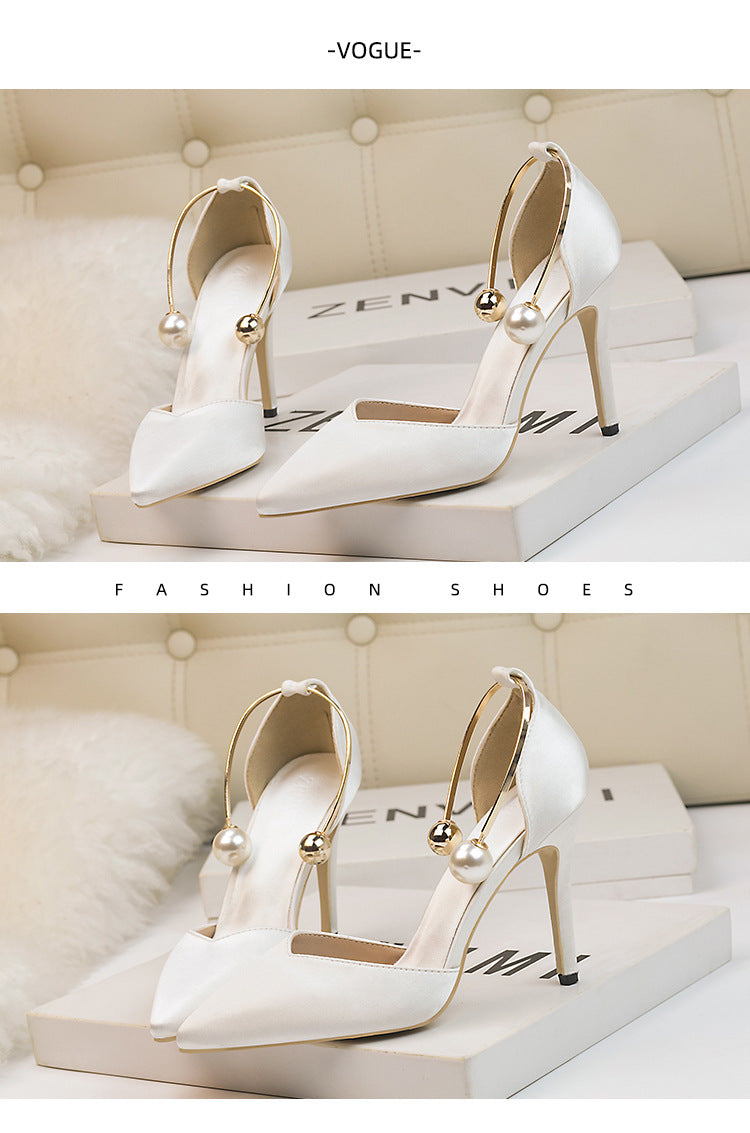 Fashion satin hollow metal word with high heel sandals