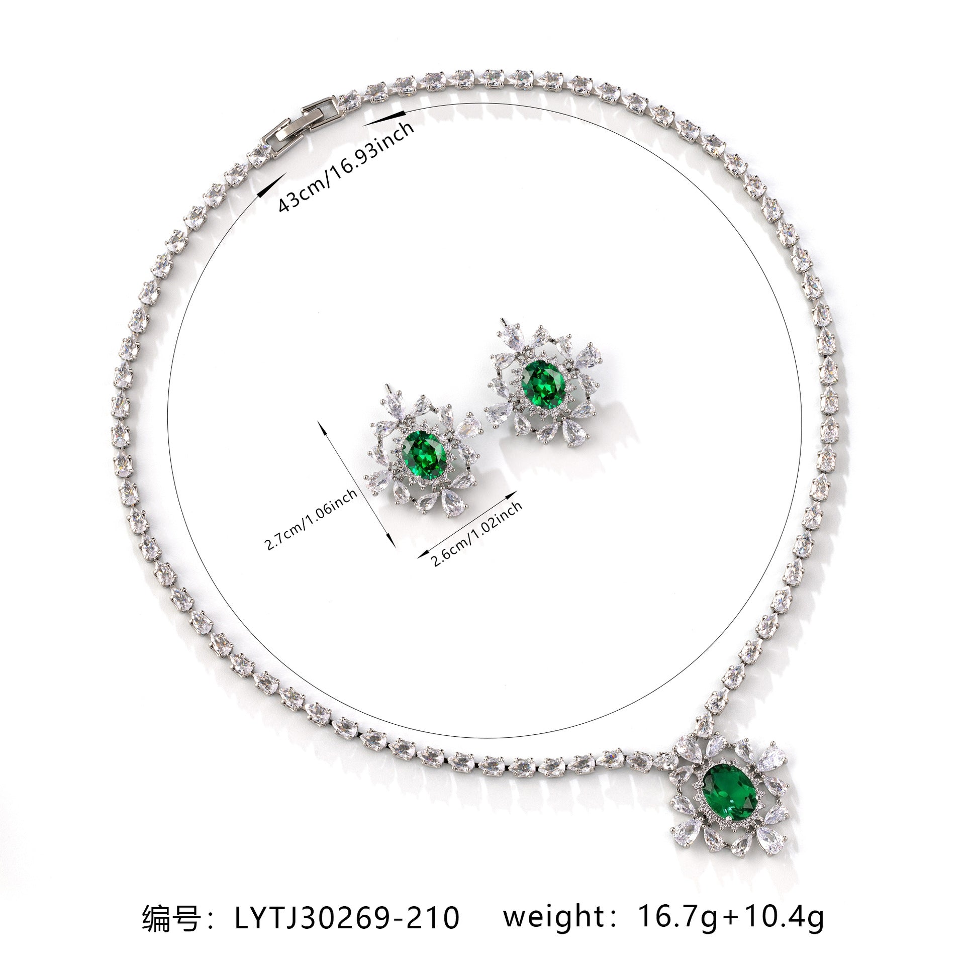 Elegant Emerald Crystal Jewelry Set – Silver Tone Necklace Earrings for Women
