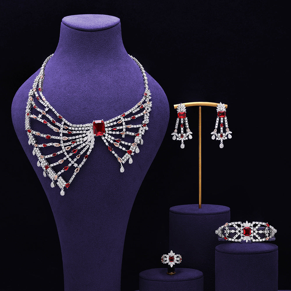 Luxury Red Crystal Bow Style Necklace Earrings Bracelet Ring Jewelry Set