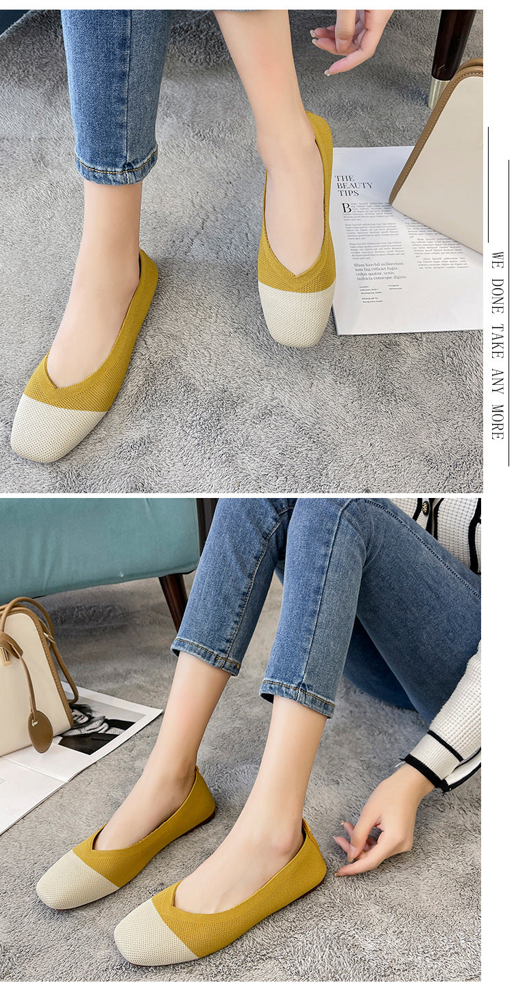 Fashion color matching woven square head flat bottom loafers