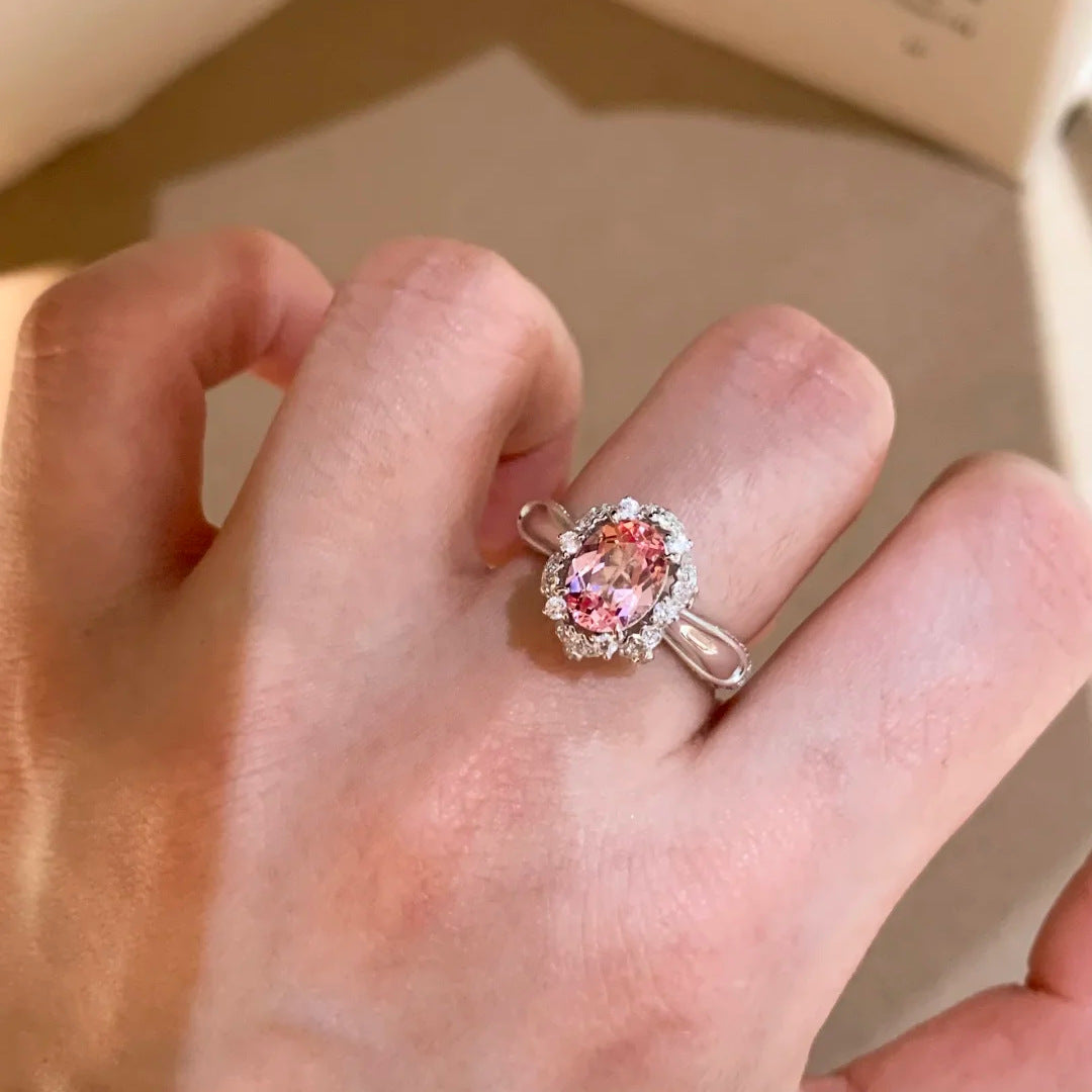 Bague élégante ovale avec gemme rose – Bague de déclaration halo pour femme