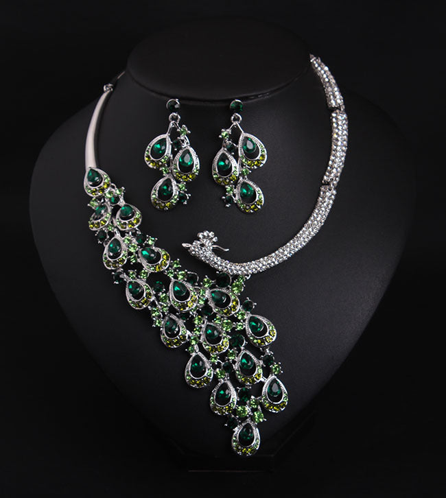 Luxury Multicolor Crystal Peacock Necklace and Earrings Jewelry Set
