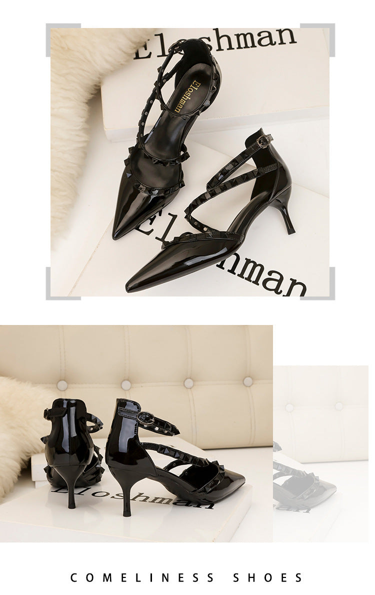 Simple pointed rivets hollow word with high heels sandals