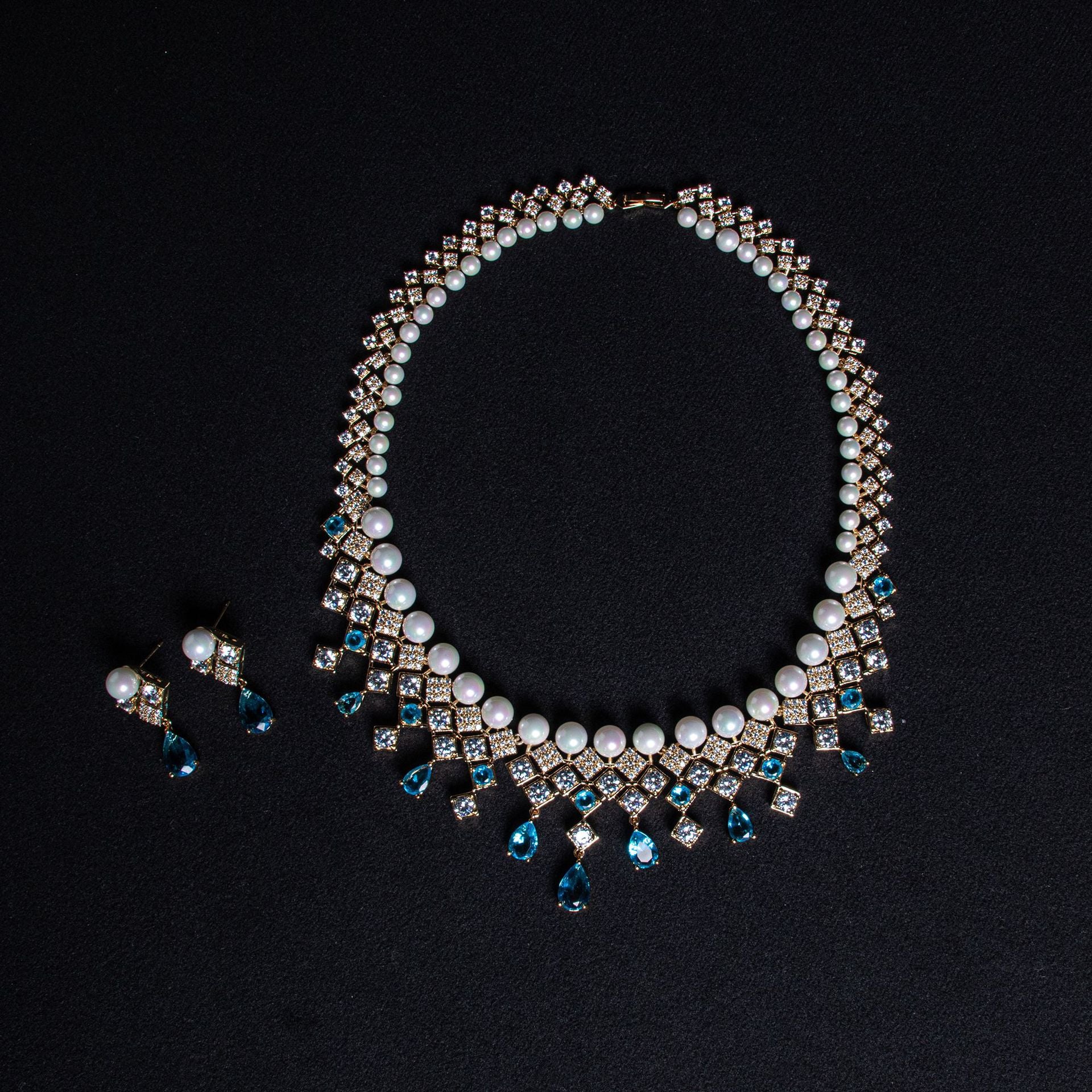 Luxury Pearl Blue Crystal Necklace and Earrings Jewelry Set for Women