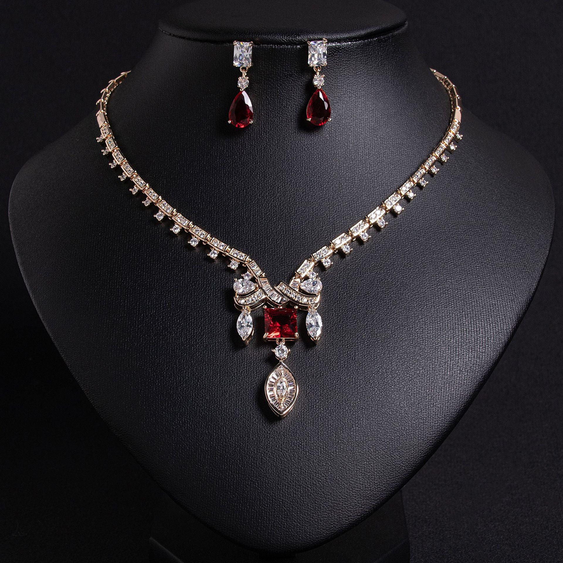 Luxury Ruby Red Crystal Necklace Earrings Set – Elegant Statement Jewelry for Women