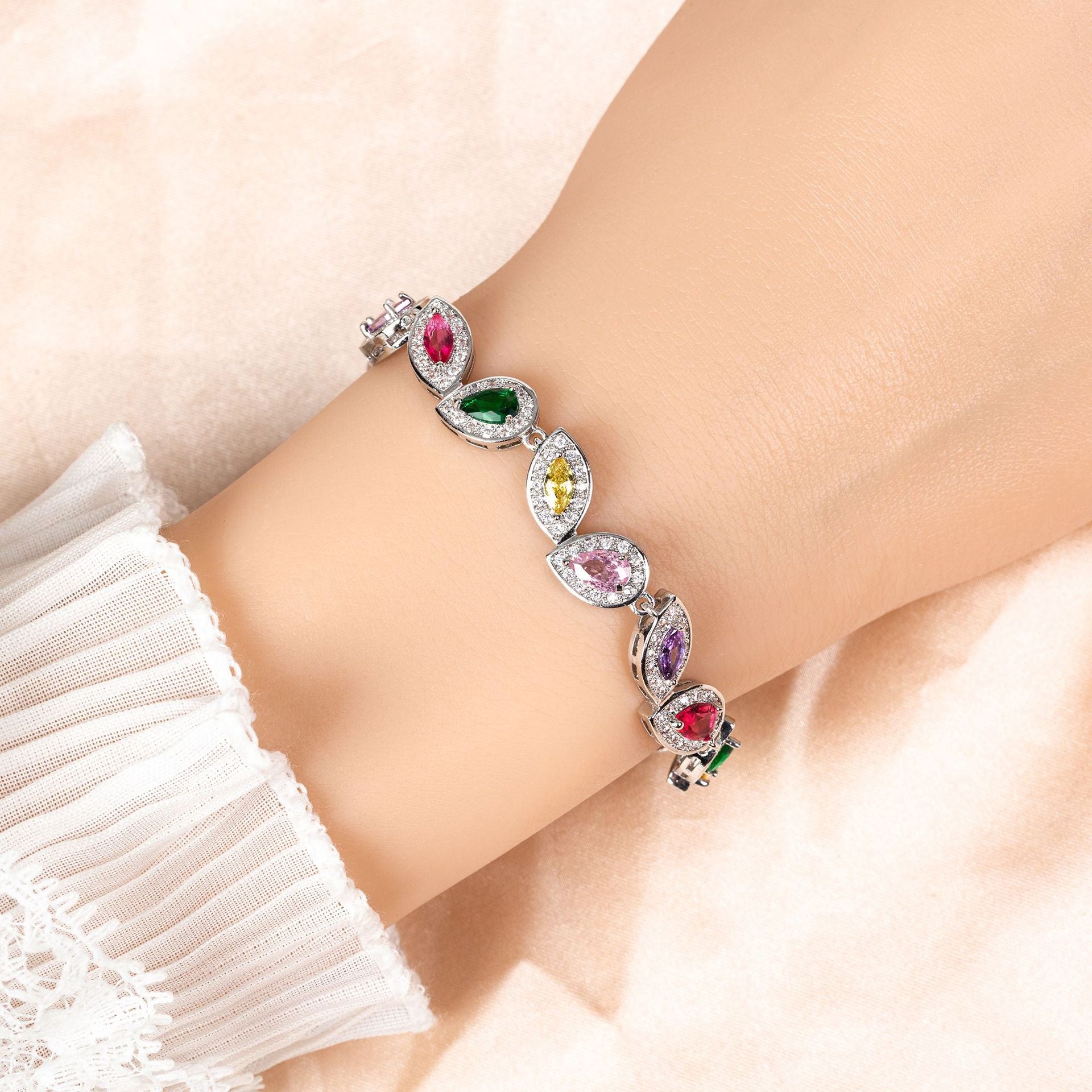 Luxury Multicolor Teardrop Crystal Bracelet – Silver Tone Statement Jewelry for Women