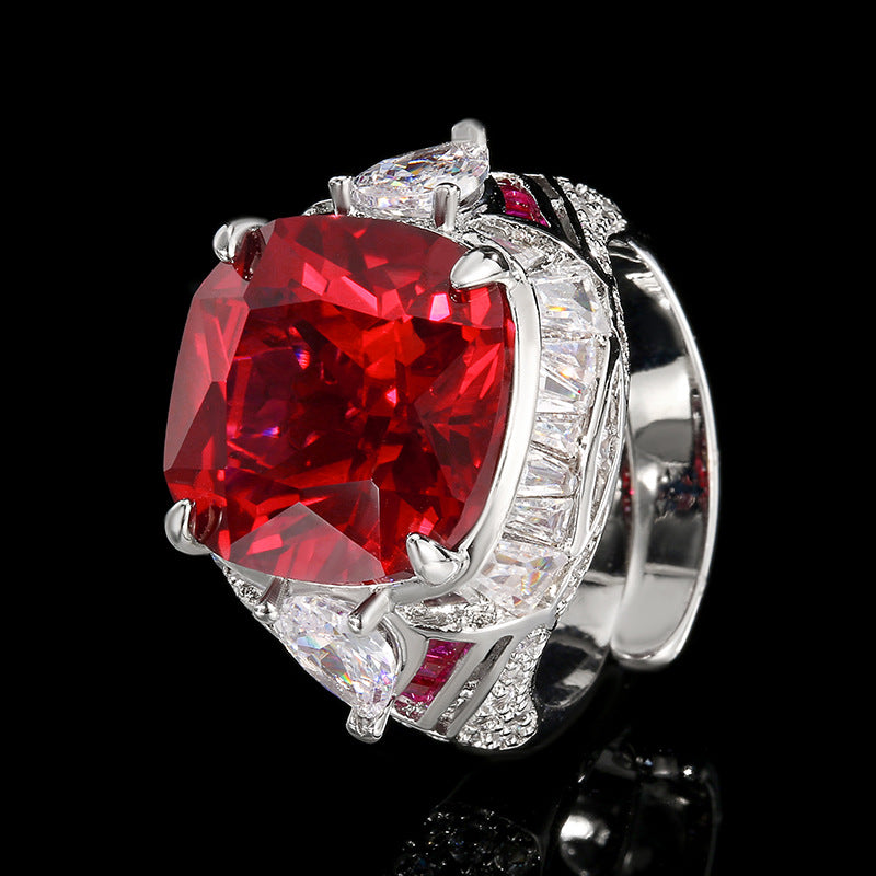 Copper silver plated red corundum square fashion ring