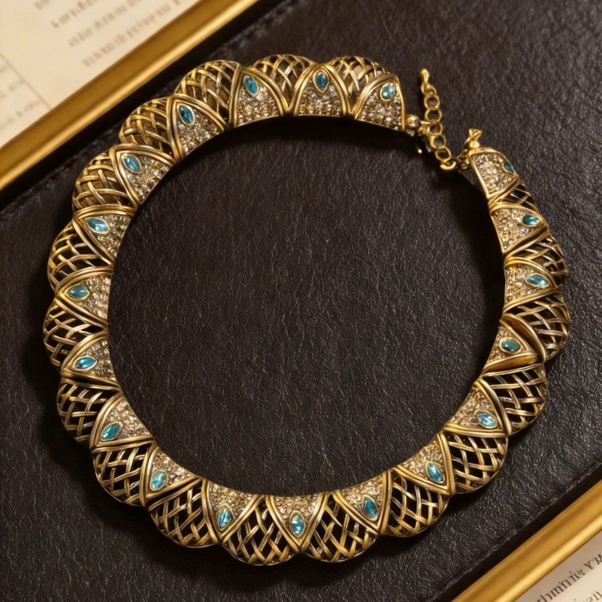 Vintage old gold greenstone hollow fan necklace