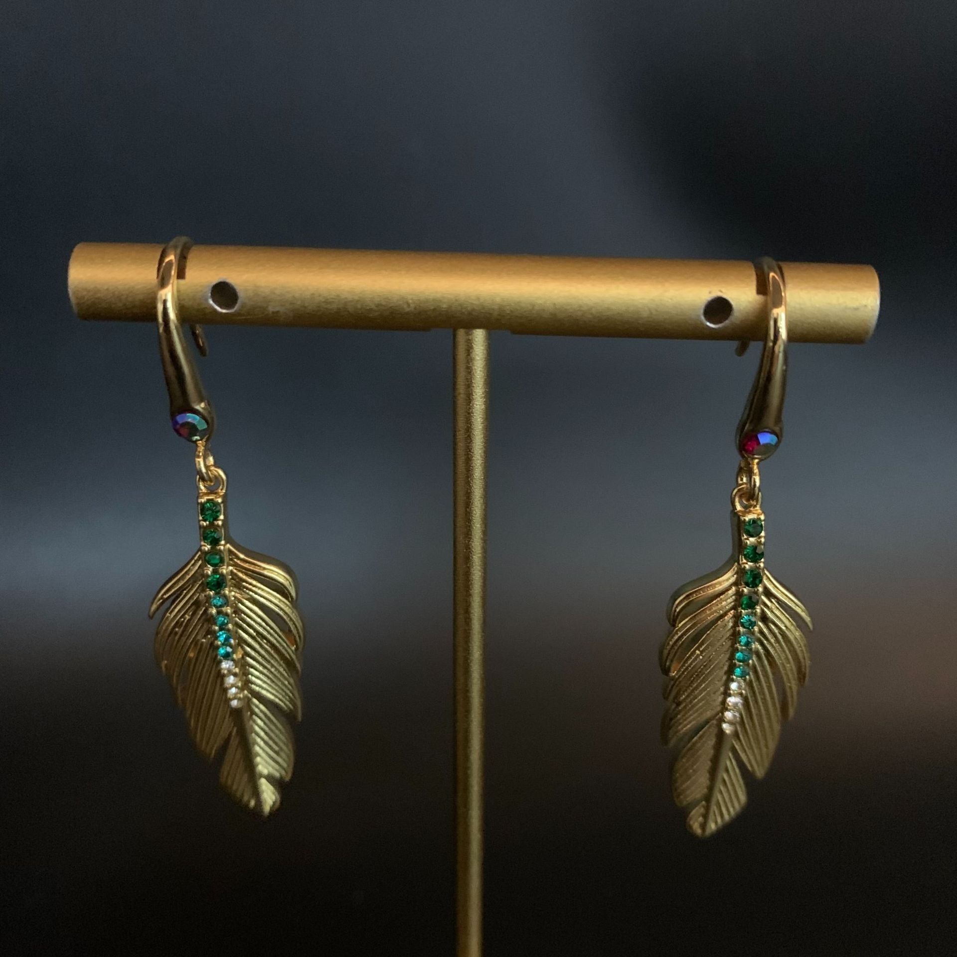 Vintage Brass Rhinestone Feather Earrings