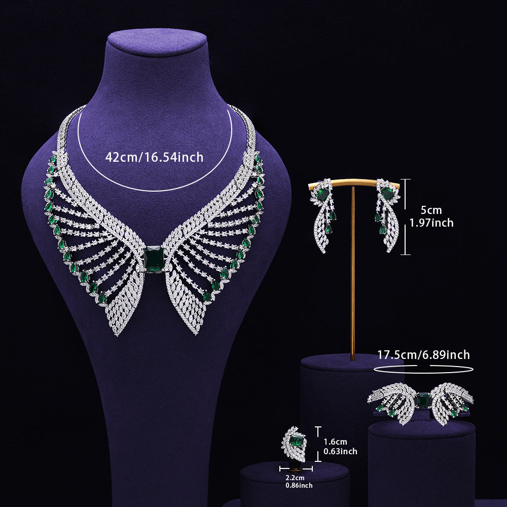 Parure de bijoux de mariée vert émeraude – Design de luxe inspiré des ailes