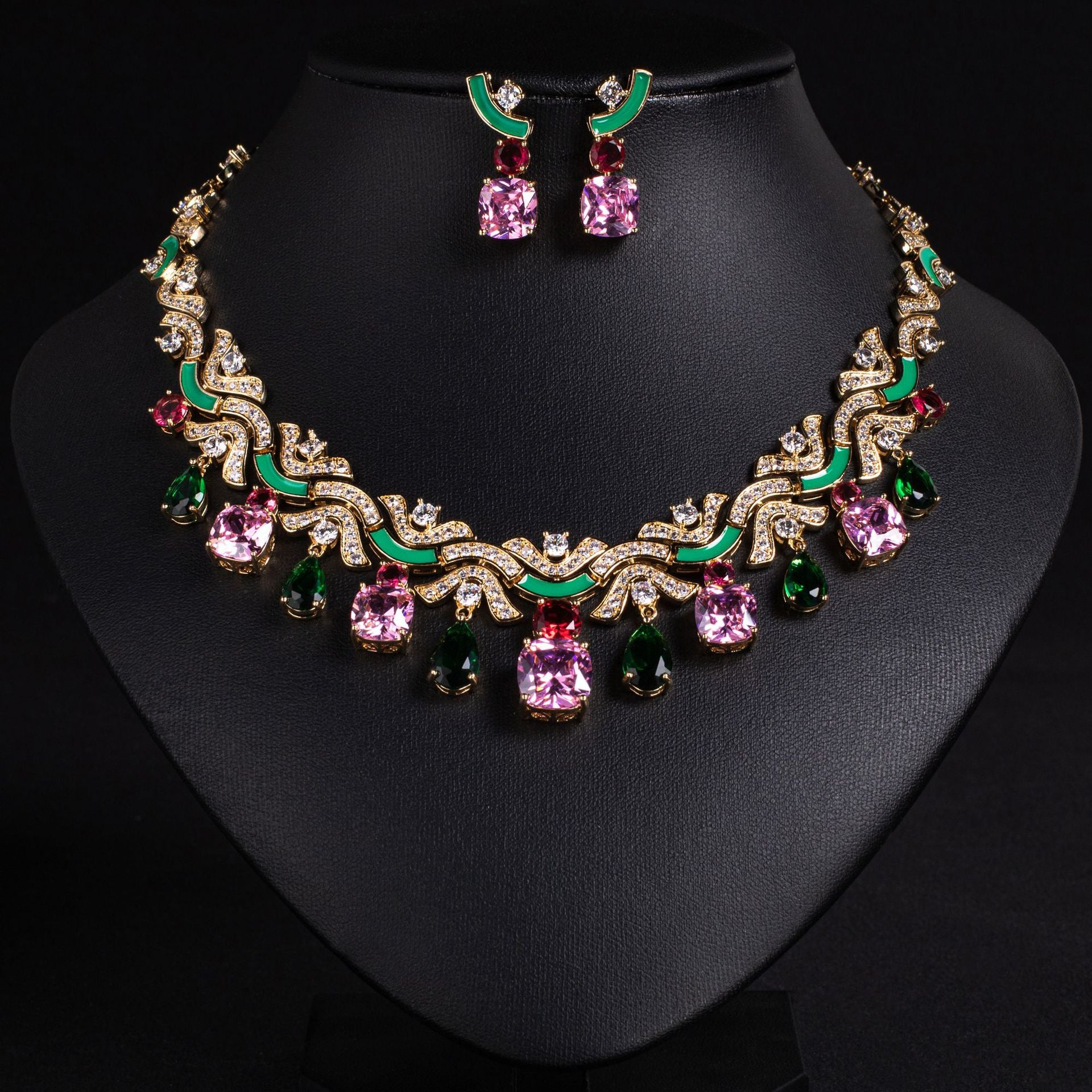 Luxury Pink and Green Gemstone Necklace Set – Elegant Multicolor Jewelry with Earrings