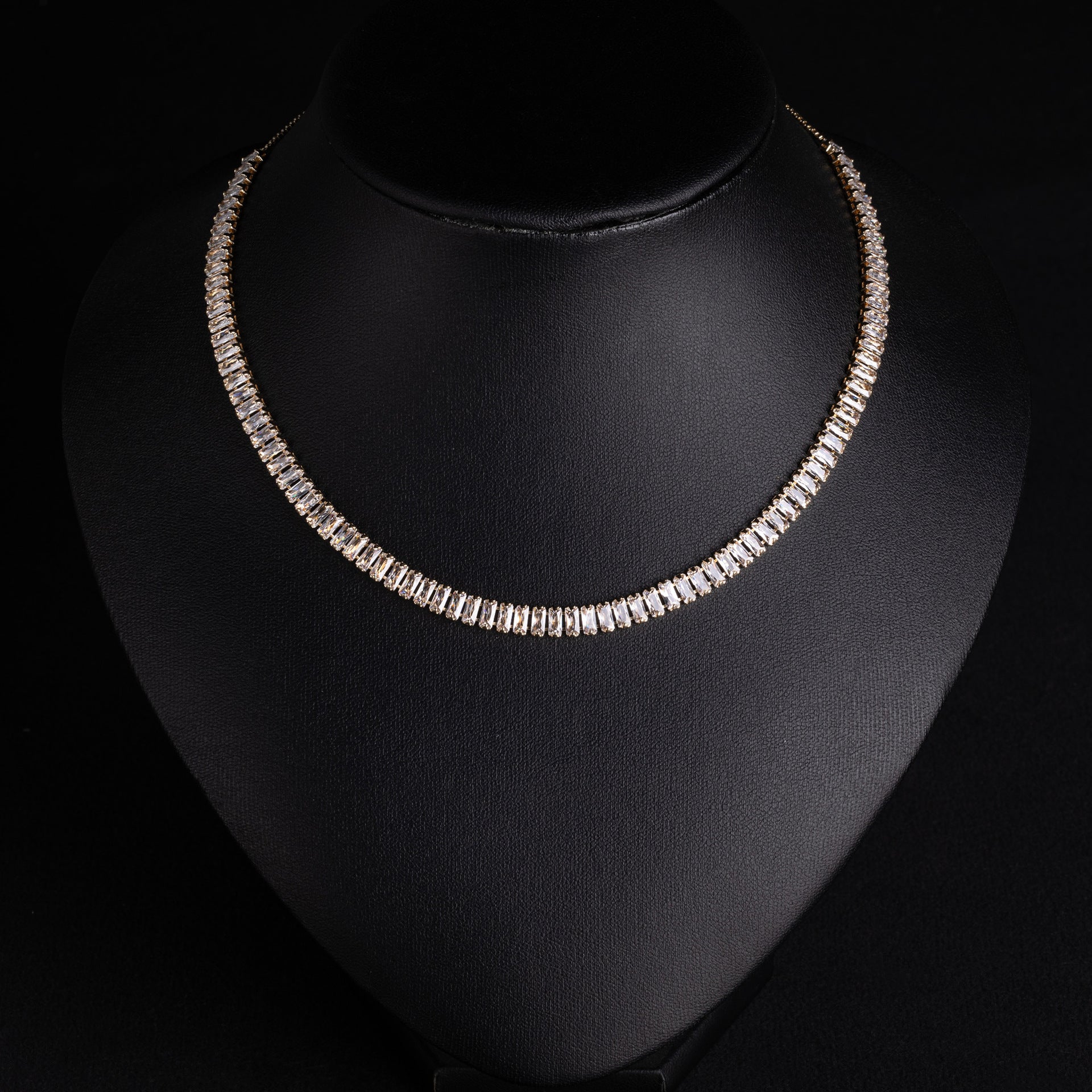 Elegant Gold Crystal Tennis Necklace – Baguette Cut Jewelry for Women