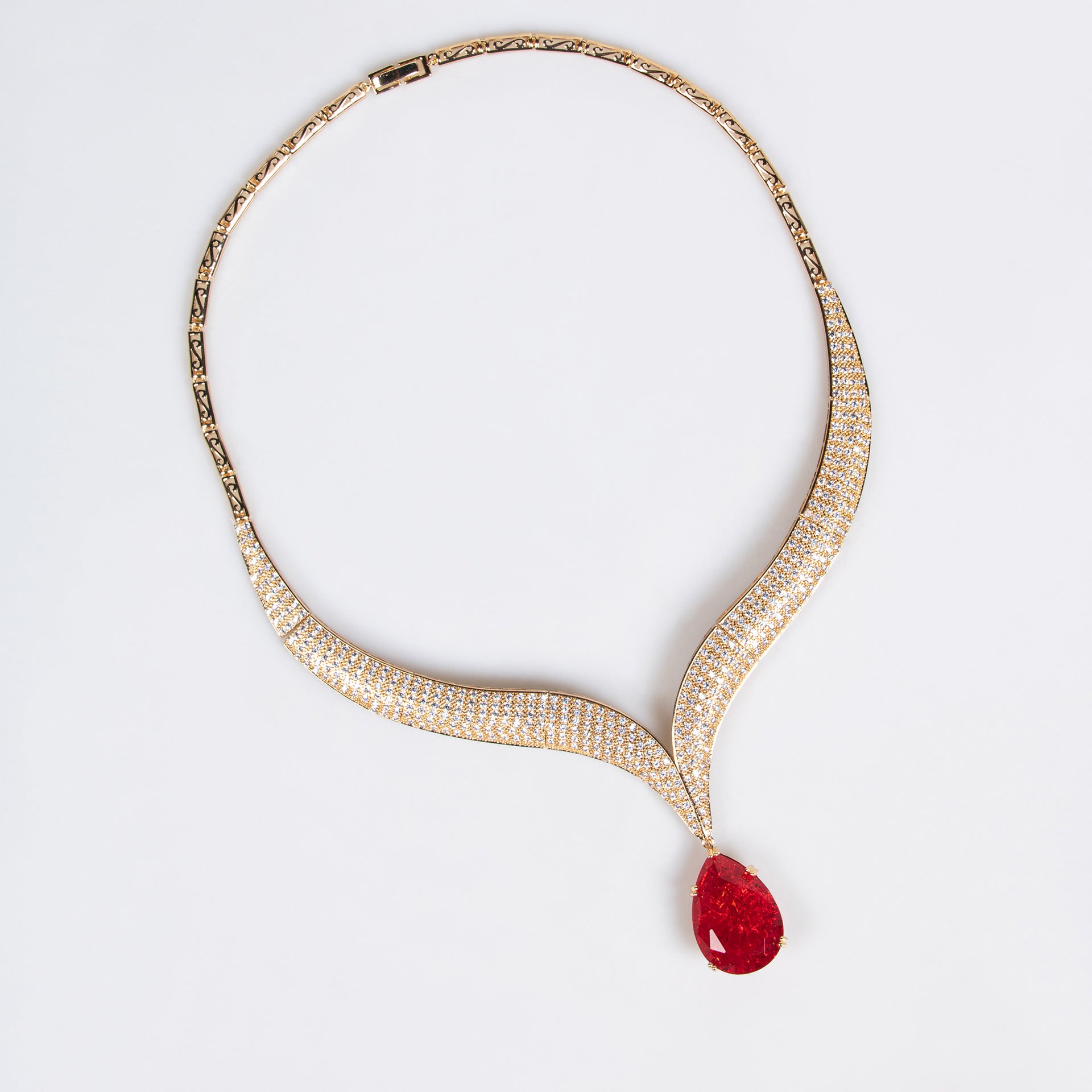 Luxury Red Teardrop Gemstone Necklace Set for Women – Gold Statement Jewelry with Matching Earrings