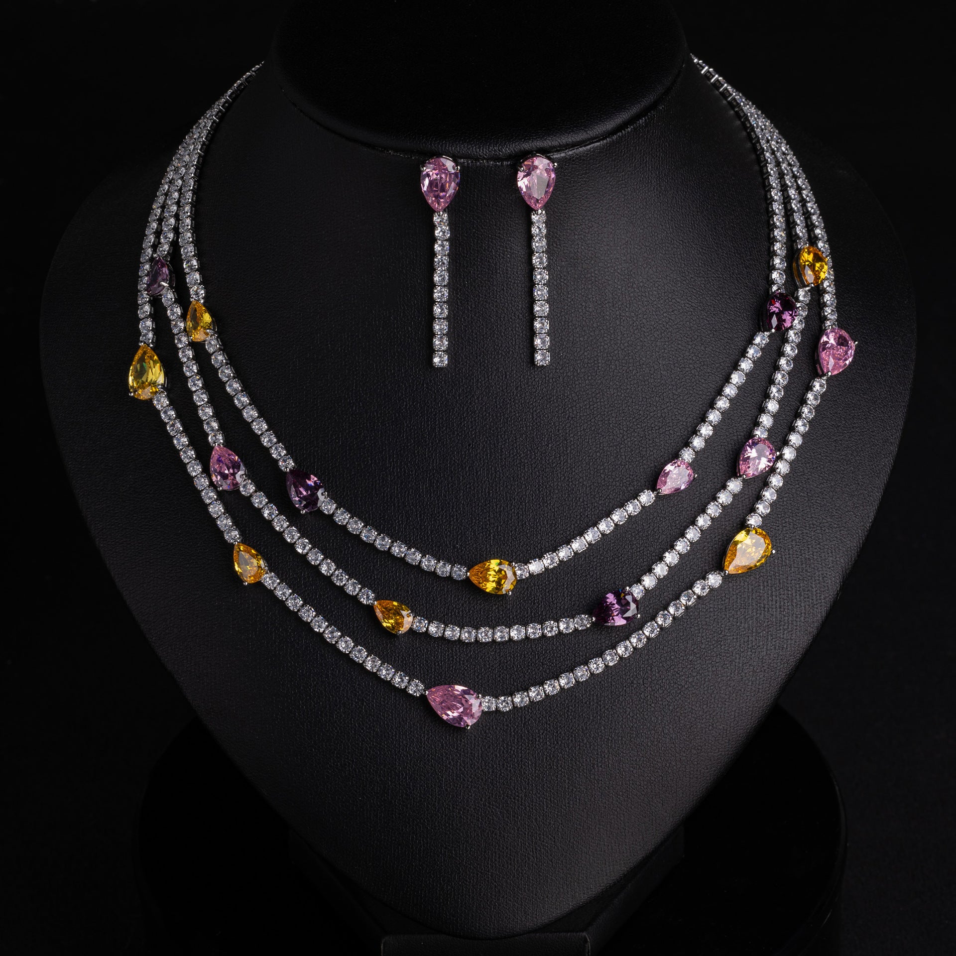 Luxury Multilayer Crystal Necklace Set with Pink Purple Yellow Teardrop Stones – Statement Jewelry for Women