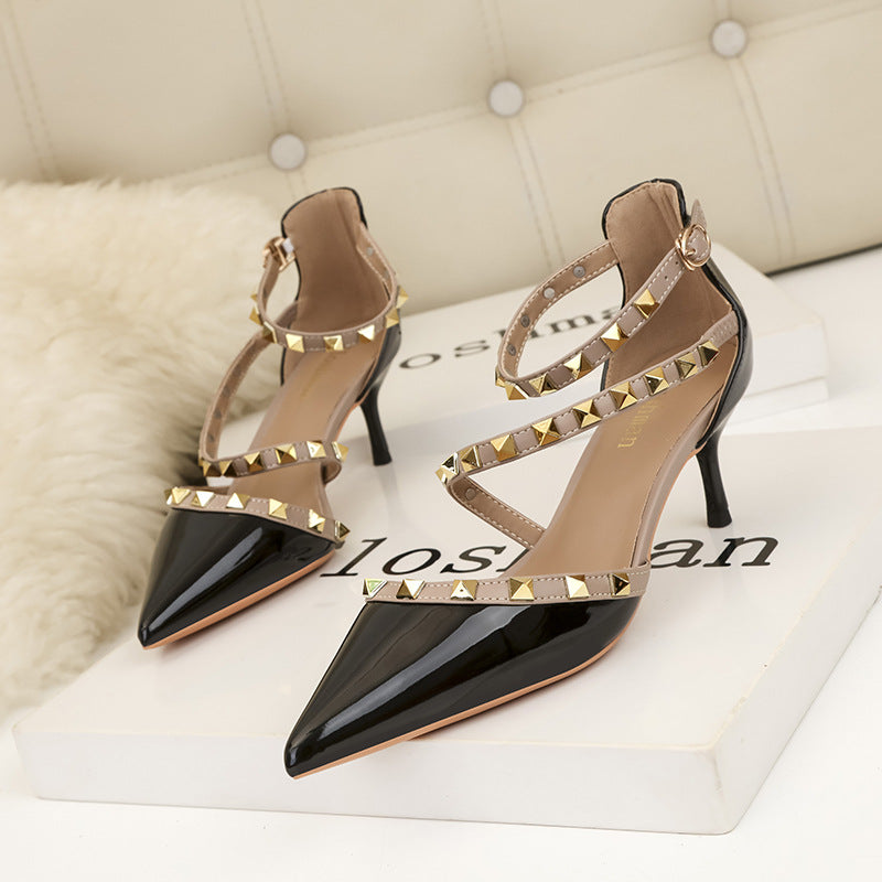 Simple pointed rivets hollow word with high heels sandals