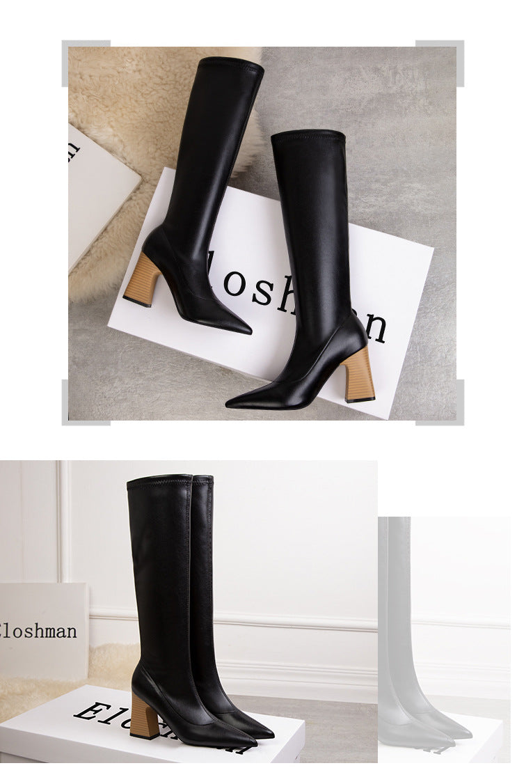 Stylish and sexy, pointed wood grain high-heeled boots