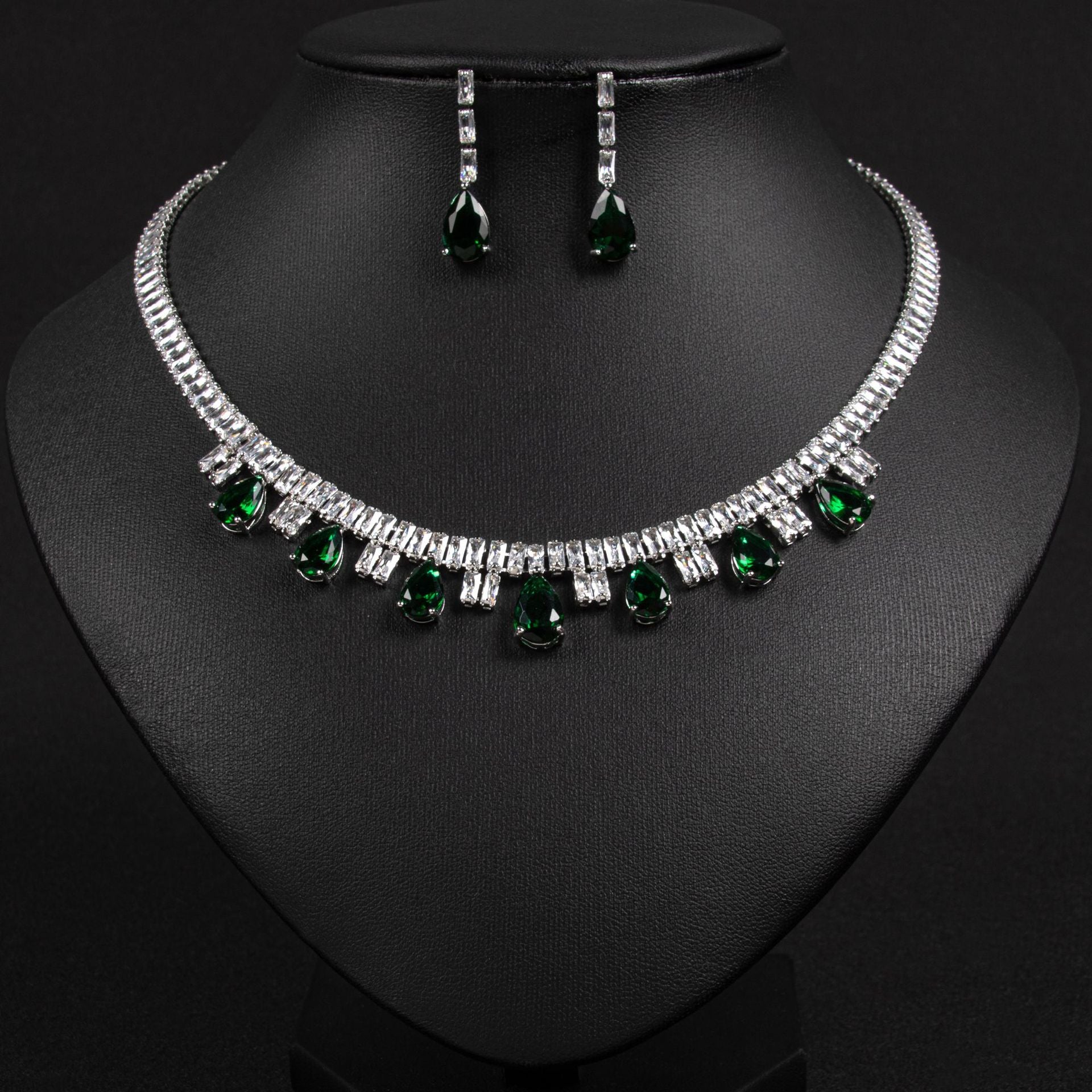 Luxury Ruby Red Teardrop Necklace Set for Women – Baguette Crystal Jewelry with Matching Earrings