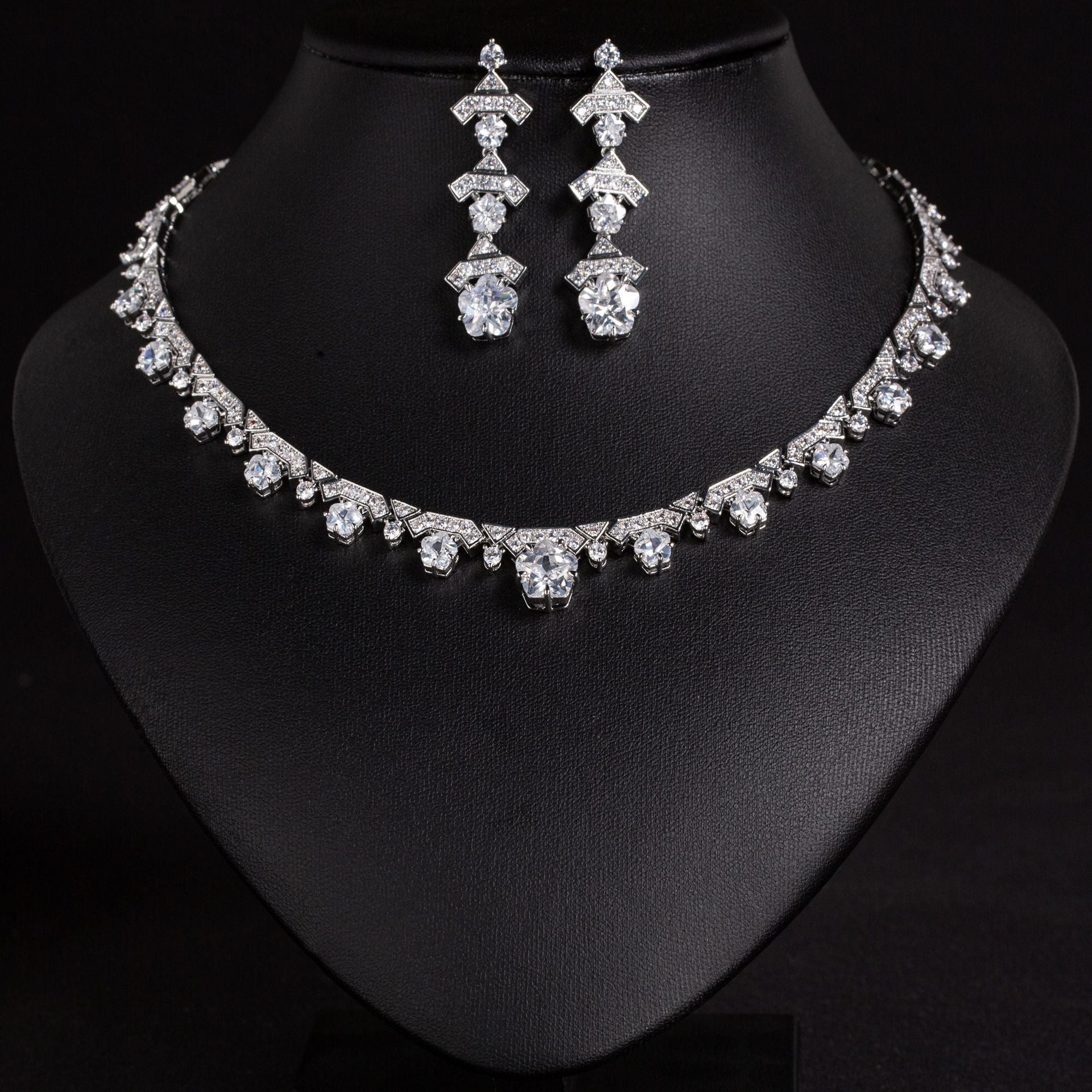 Luxury Purple Crystal Necklace Earrings Set – Silver Statement Jewelry