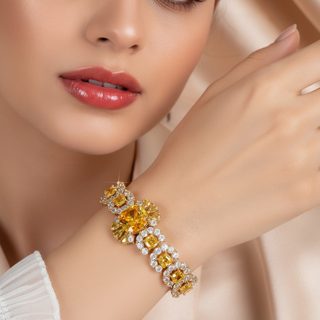 Elegant Gold-Plated Bracelet with Pink Turquoise & Clear Crystals – Luxury Statement Jewelry