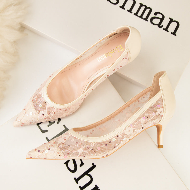 Stylish pointed mesh lace high heels