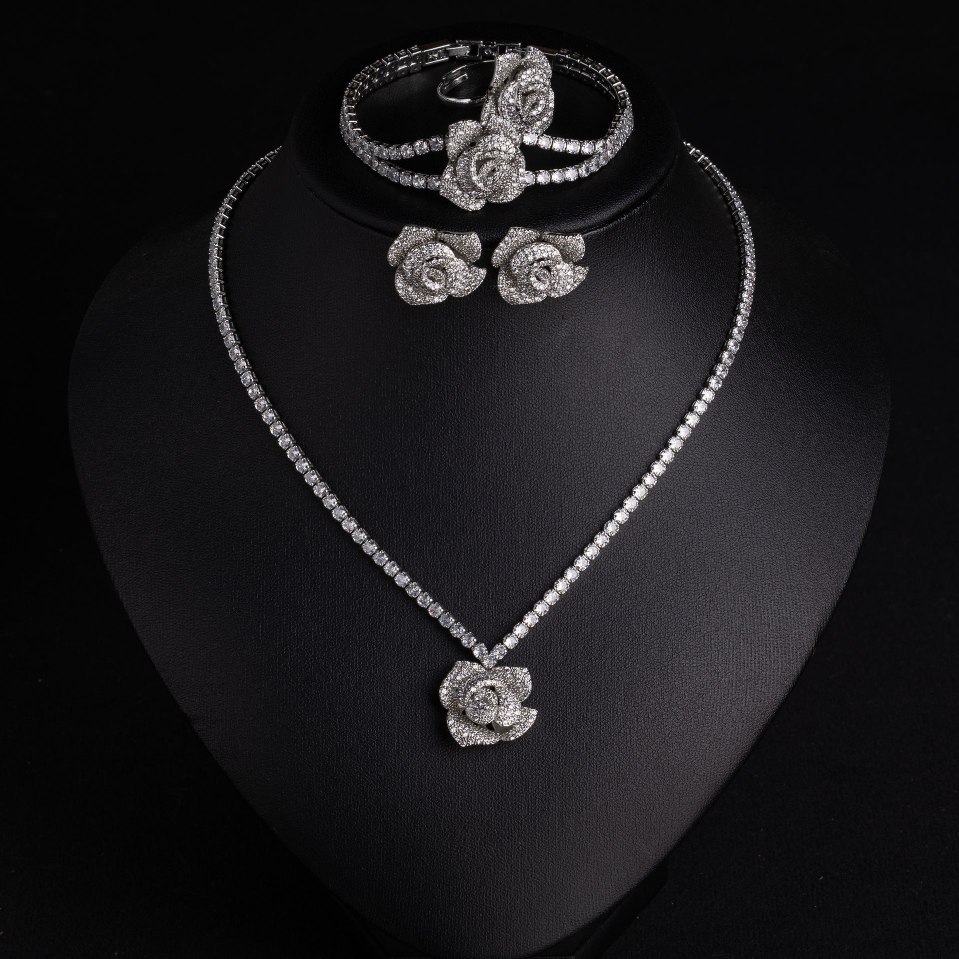 Luxury Rose Gold Crystal Rose Jewelry Set – Necklace Earrings Bracelet Ring for Women