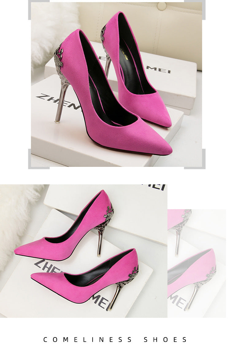 Metal hollow suede pointed heels