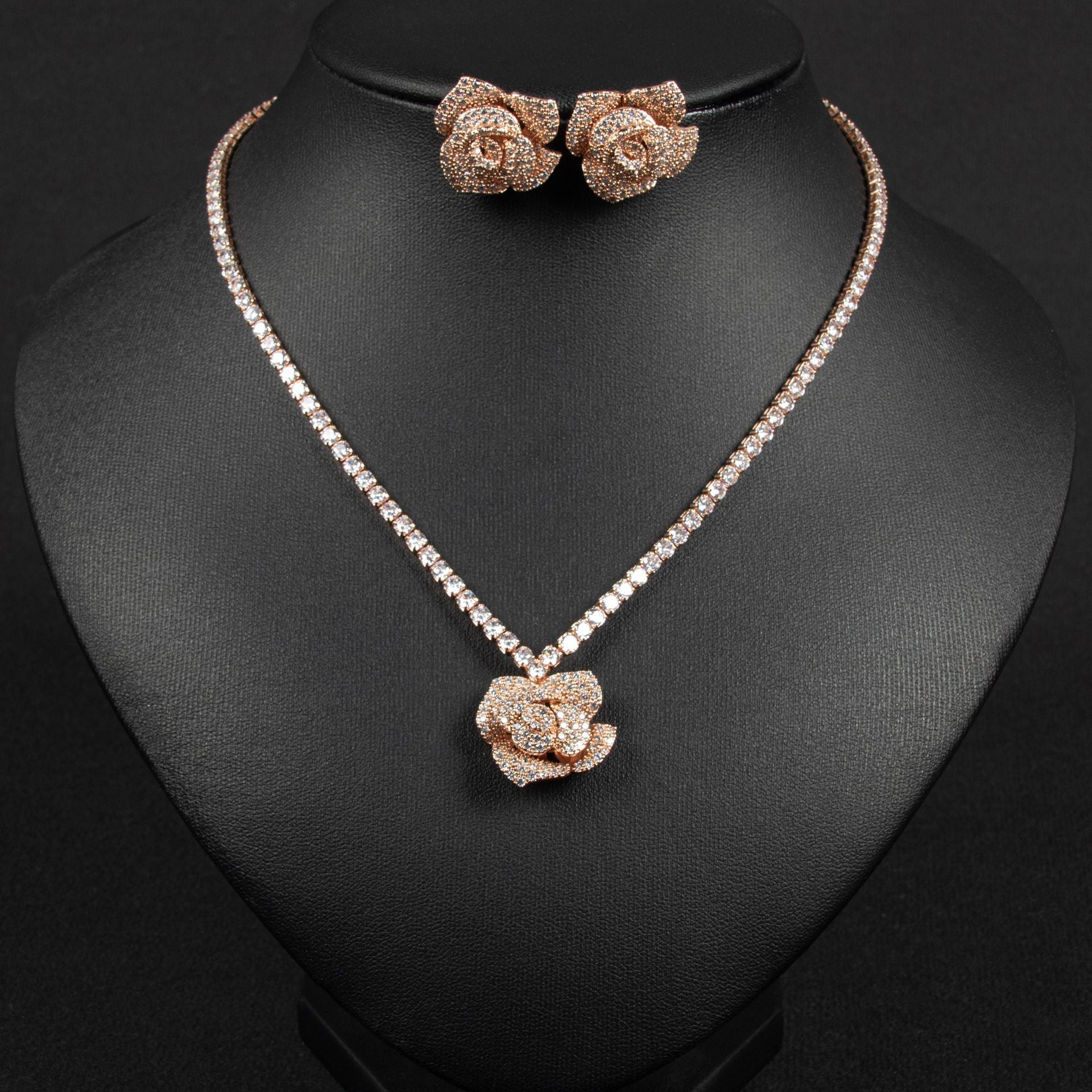 Elegant Rose Crystal Pendant Necklace and Earrings Set – Luxury Floral Jewelry