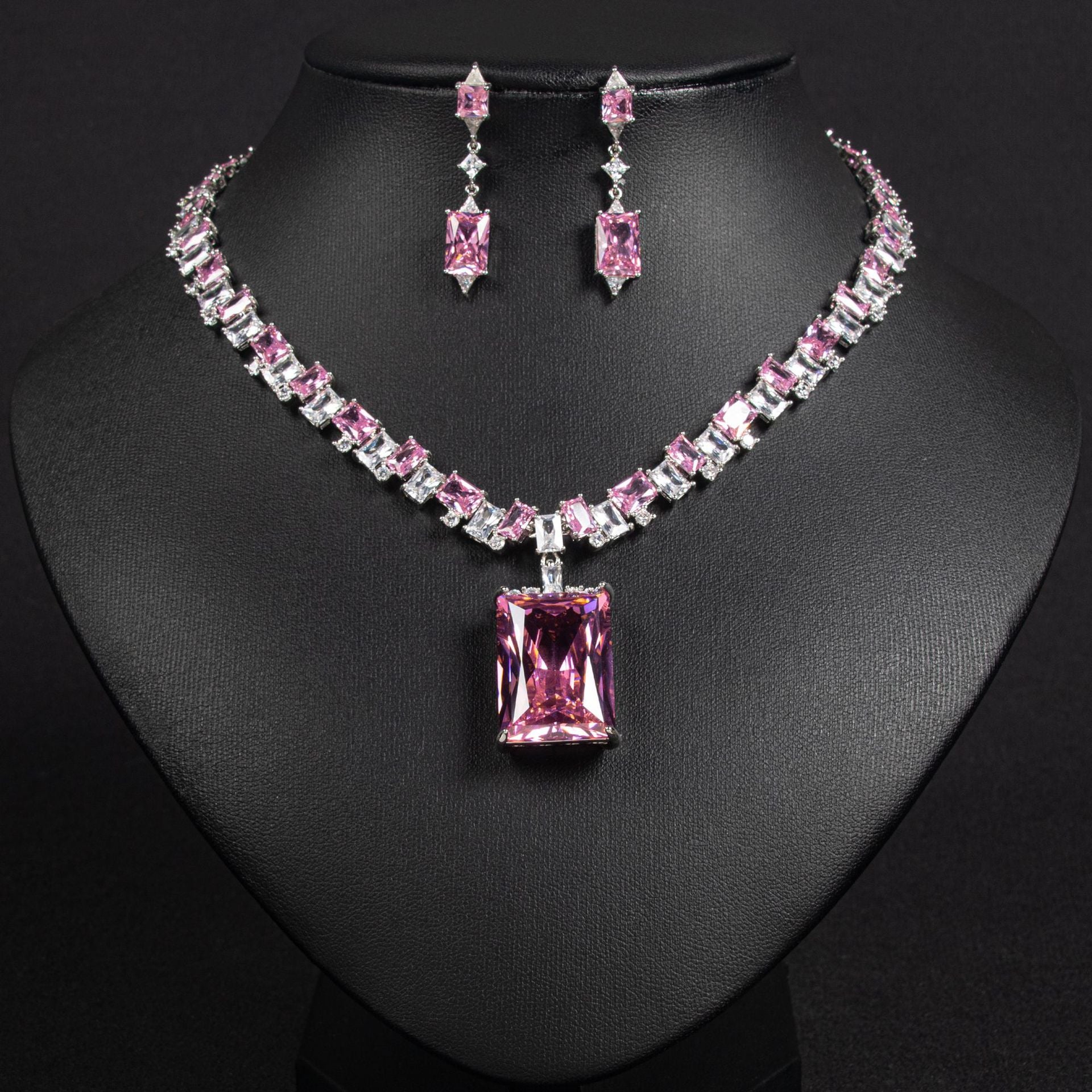 Luxury Pink Crystal Necklace Earrings Set – Elegant Statement Jewelry for Women
