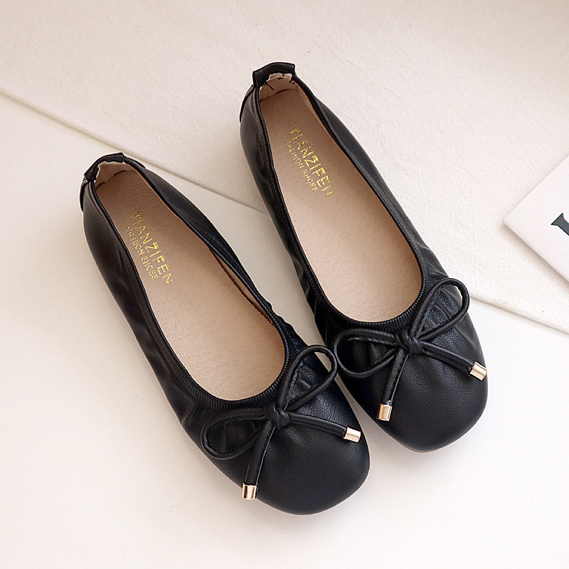 Casual square head soft-soled bow loafers