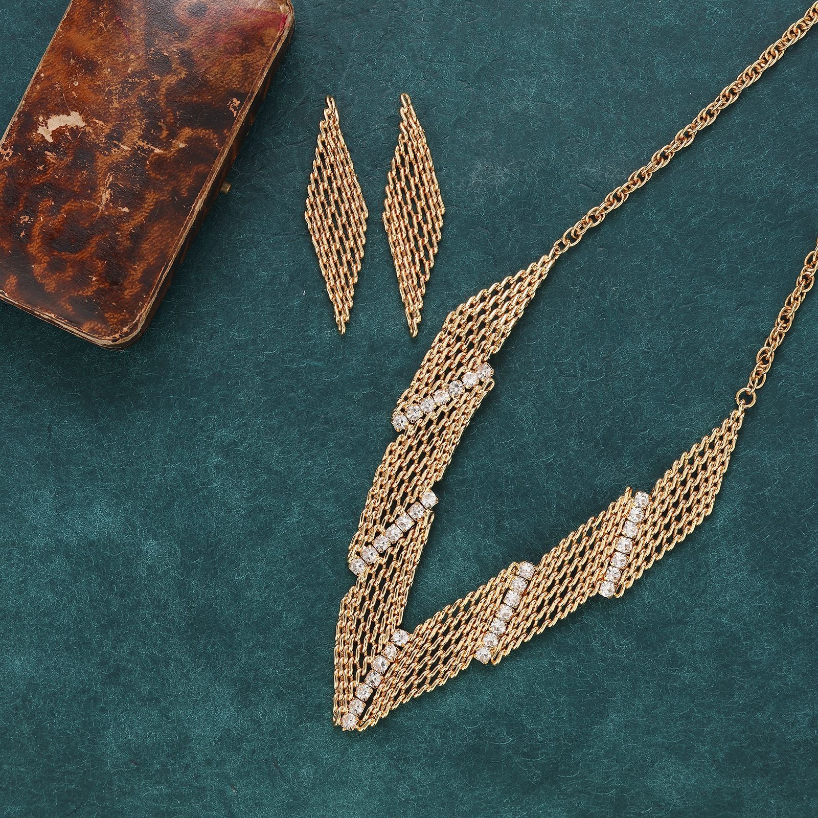 Gold Luxury Gem Necklace Earrings Set