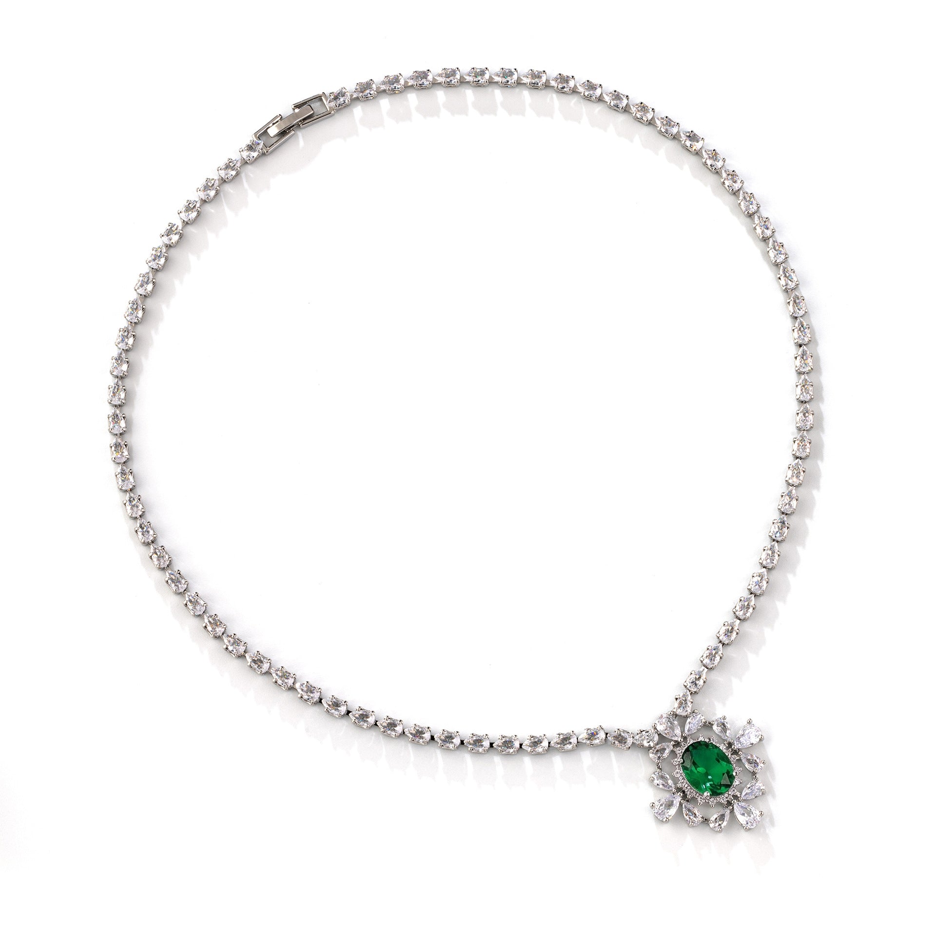 Elegant Emerald Crystal Jewelry Set – Silver Tone Necklace Earrings for Women