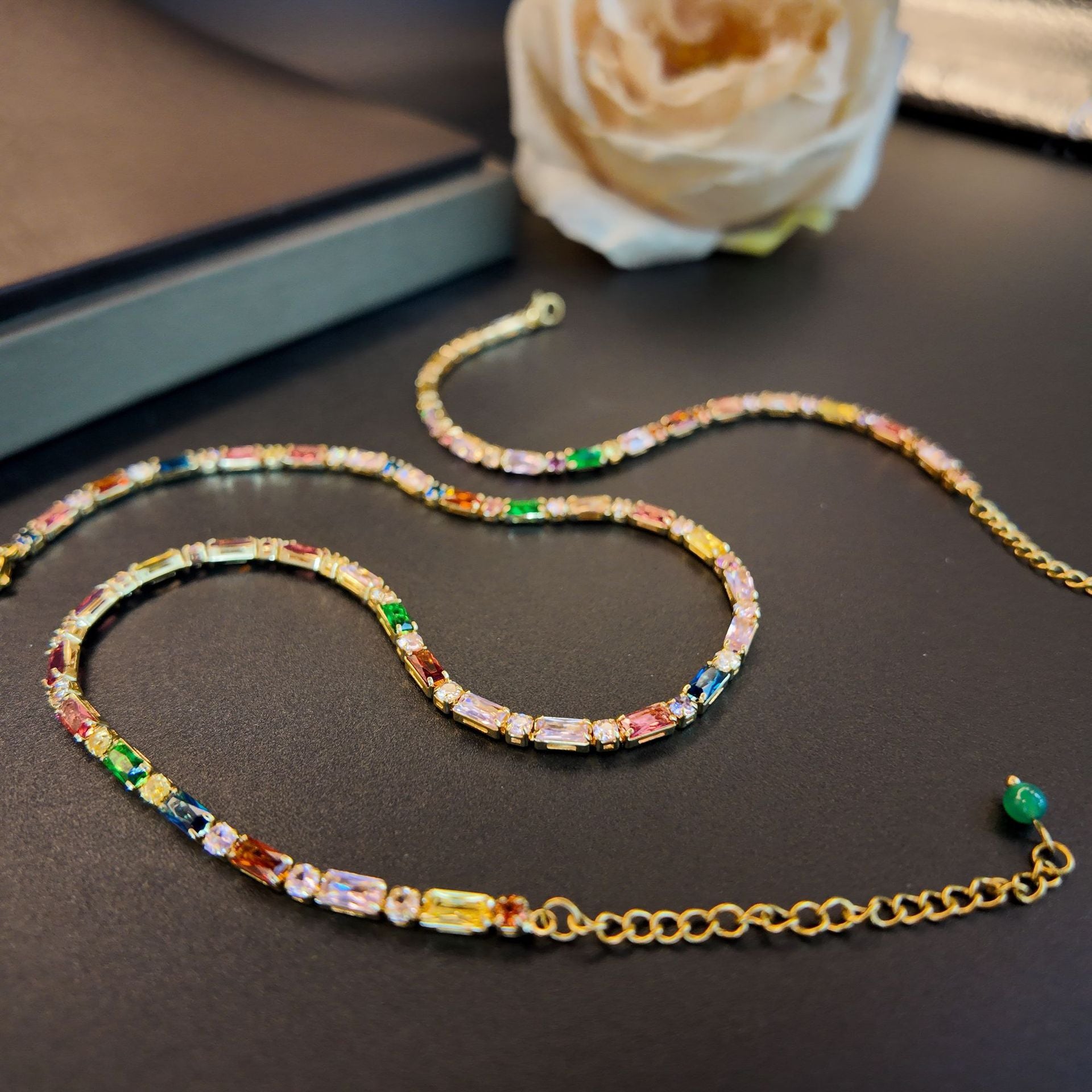 Light Luxury Rainbow Gem Bracelet Necklace Set