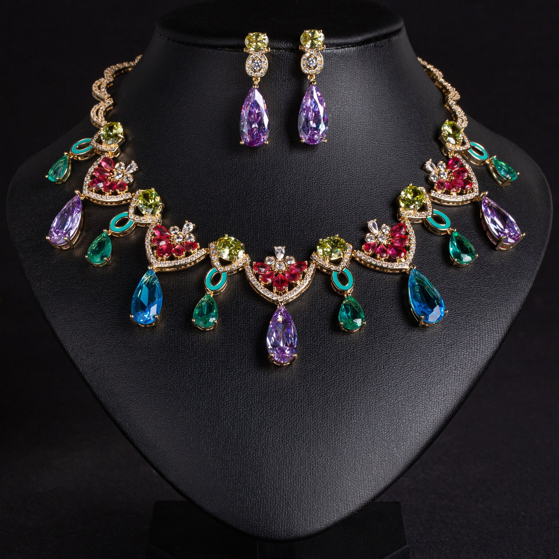 Luxury Multicolor Gemstone Statement Necklace Set for Women – Purple Teardrop Jewelry with Matching Earrings