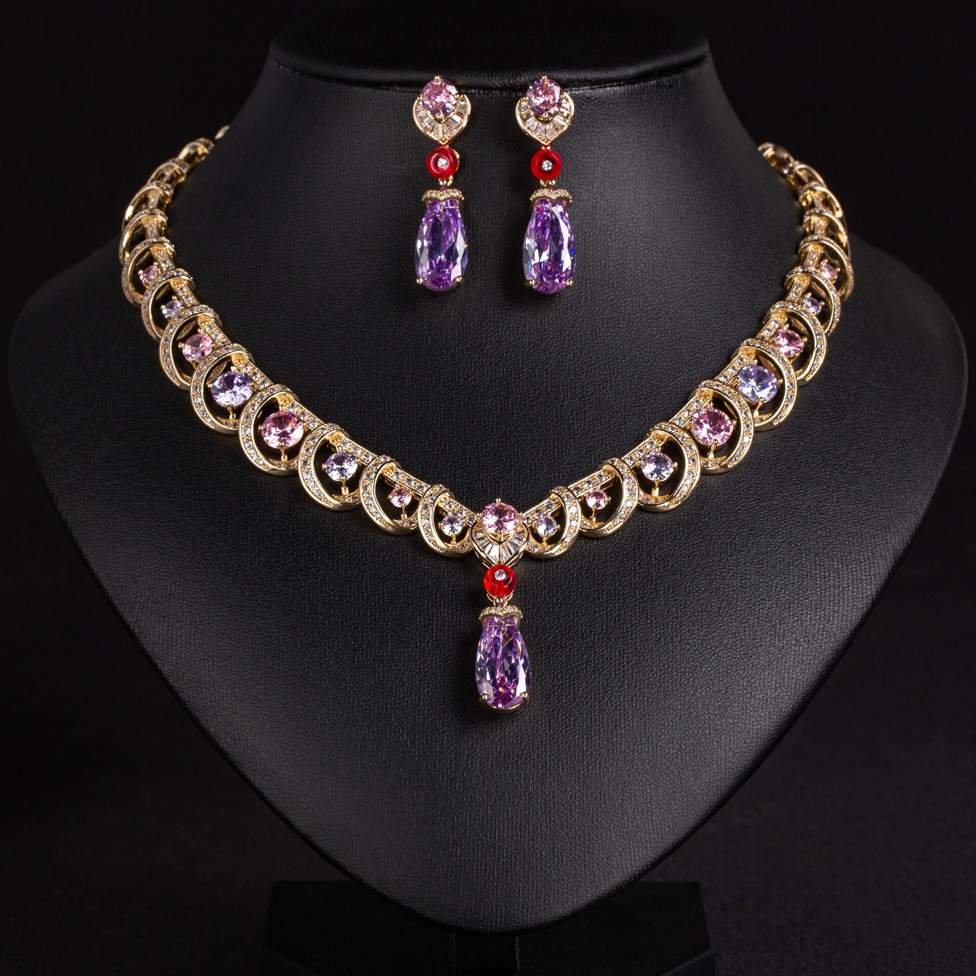 Luxury Emerald Green Ruby Red Jewelry Set – Necklace Earrings Statement Set