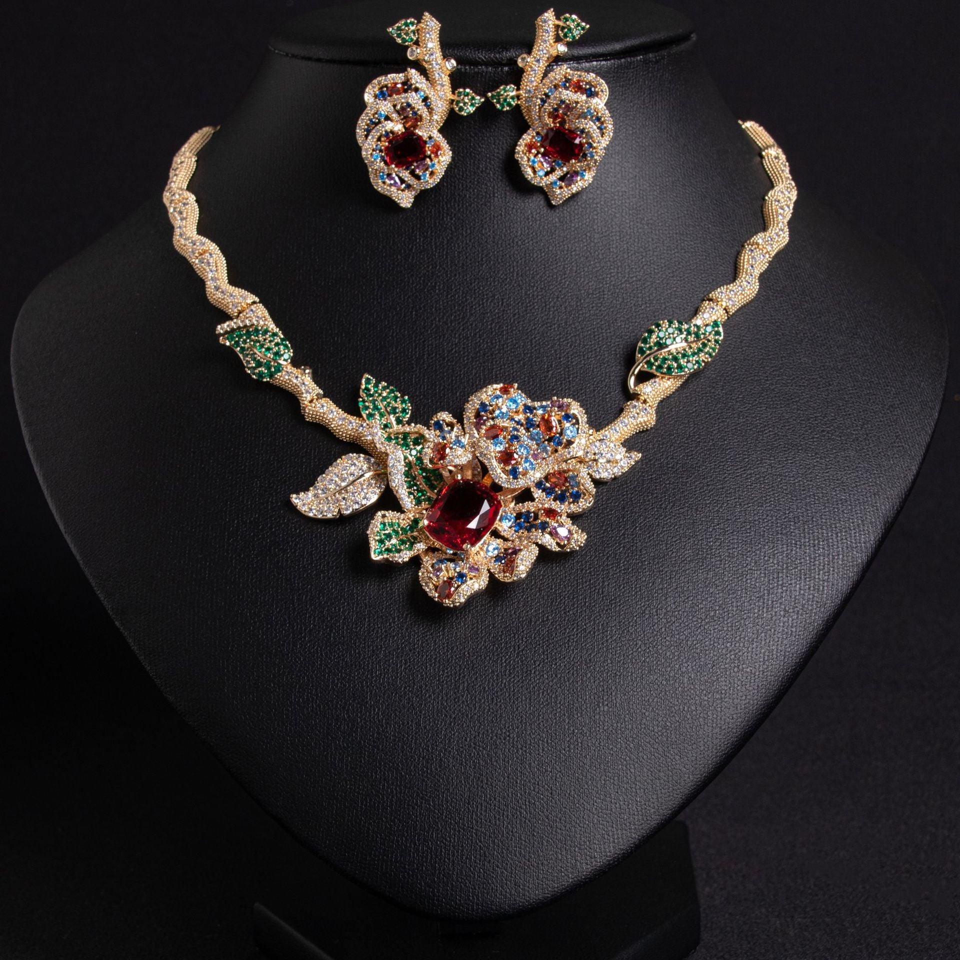 Luxury Red Crystal Flower Necklace Set – Elegant Gemstone Jewelry for Women